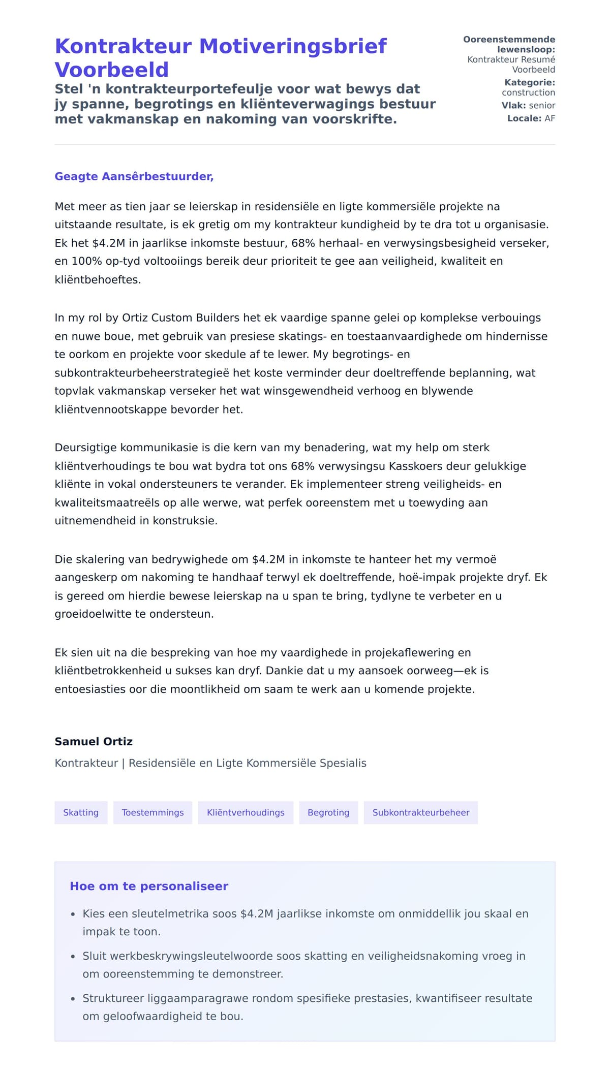 Solbrief-voorskou vir Kontrakteur Motiveringsbrief Voorbeeld