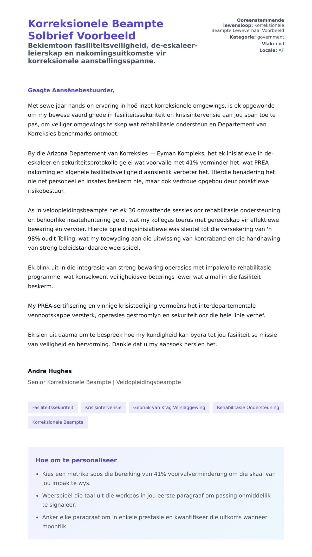 Solbrief-voorskou vir Korreksionele Beampte Solbrief Voorbeeld