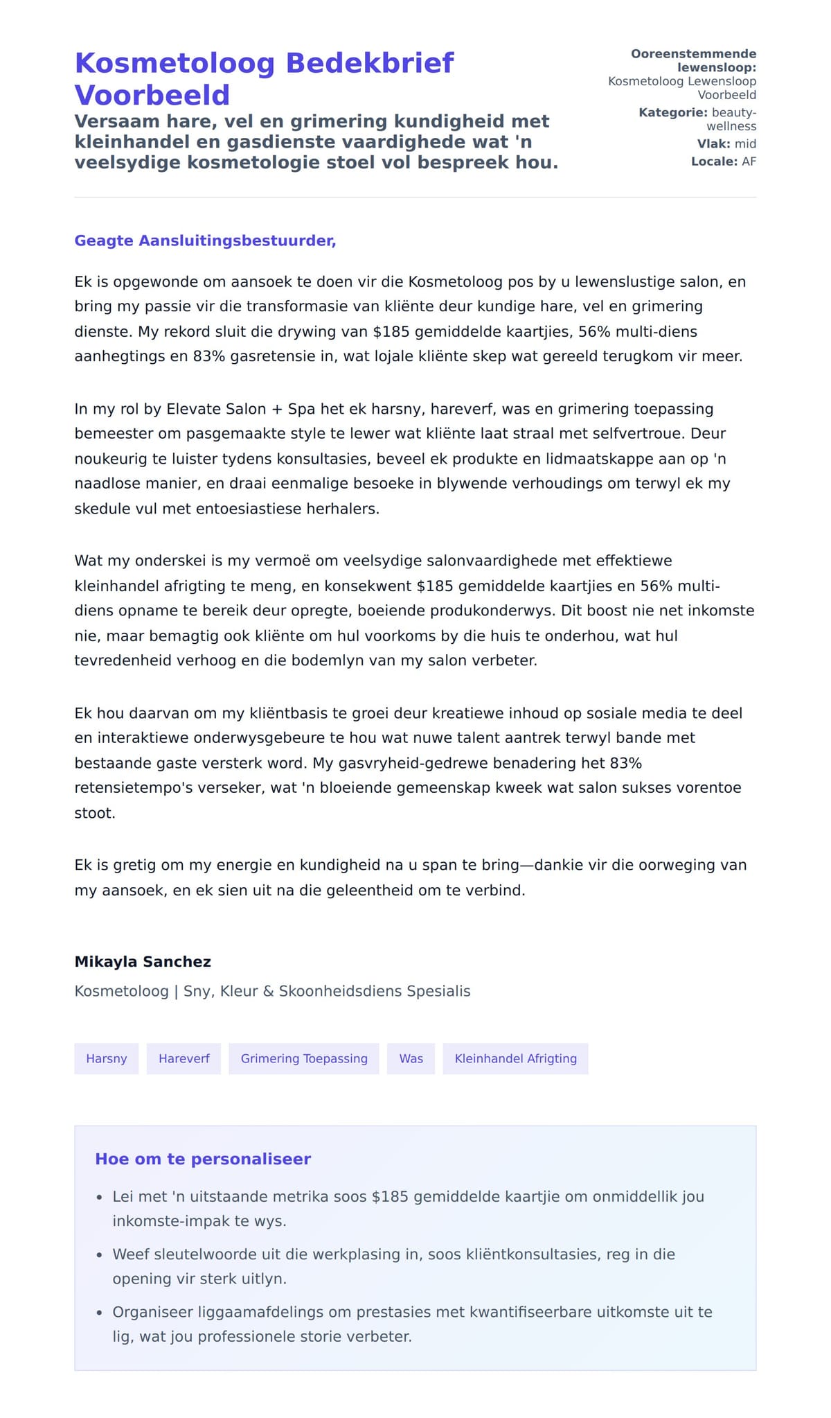 Solbrief-voorskou vir Kosmetoloog Bedekbrief Voorbeeld