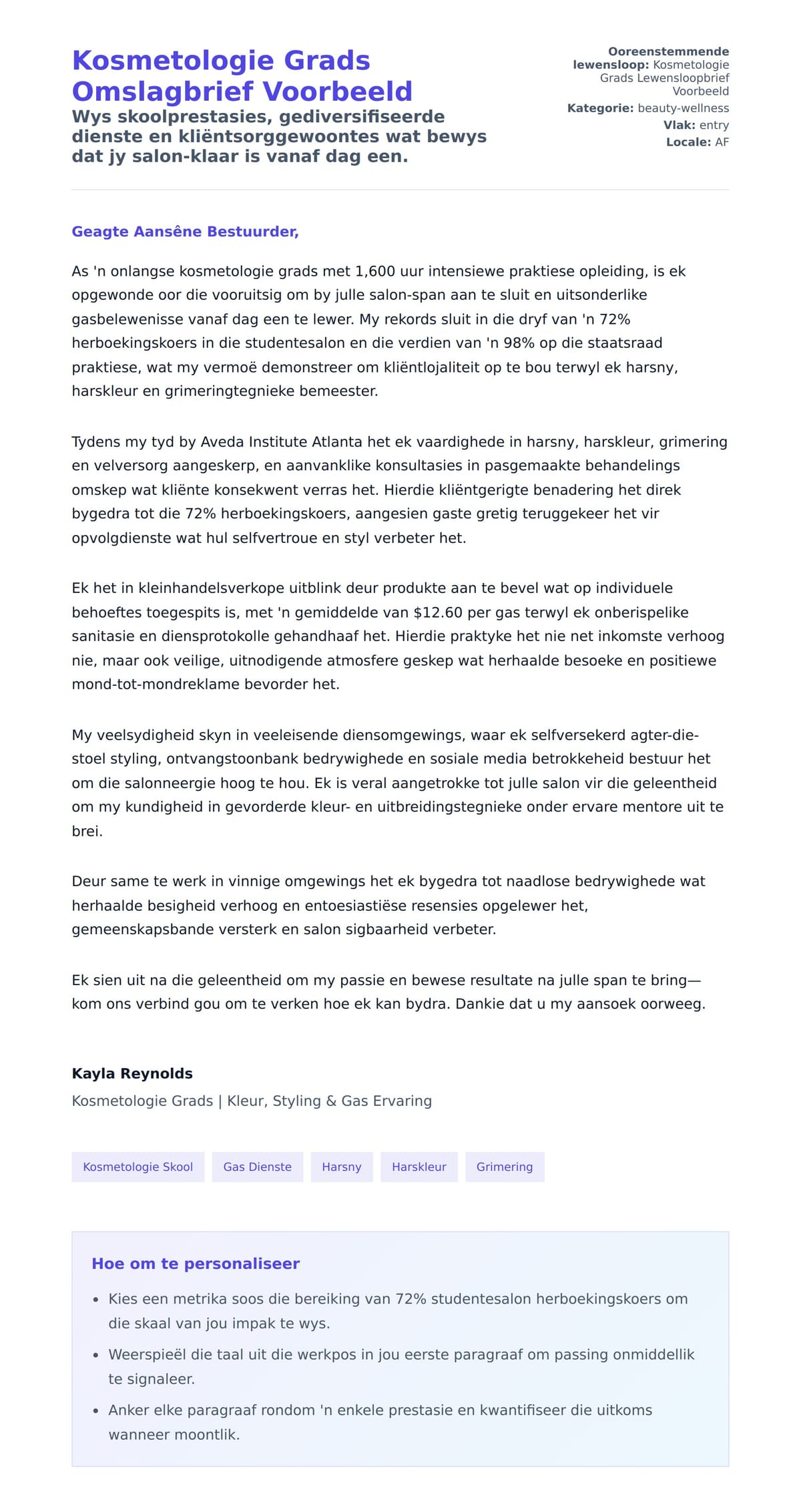 Solbrief-voorskou vir Kosmetologie Grads Omslagbrief Voorbeeld