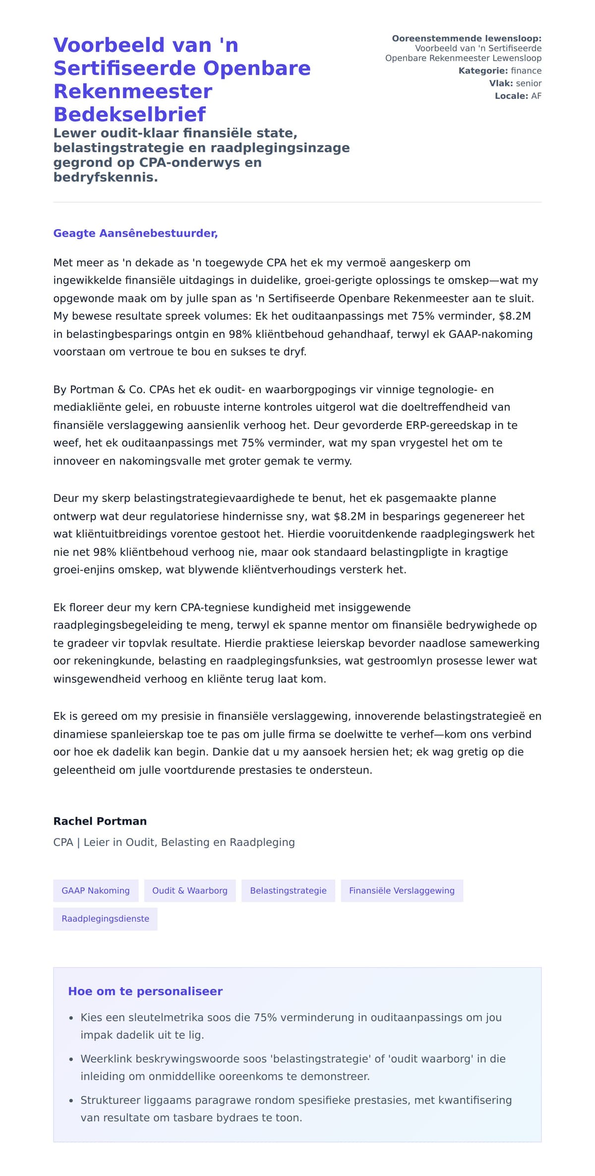 Solbrief-voorskou vir Voorbeeld van 'n Sertifiseerde Openbare Rekenmeester Bedekselbrief