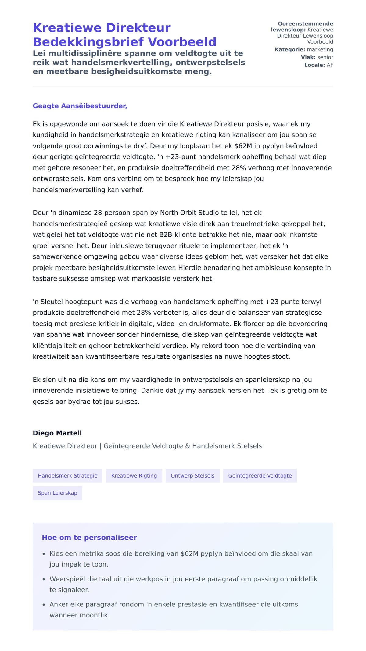 Solbrief-voorskou vir Kreatiewe Direkteur Bedekkingsbrief Voorbeeld