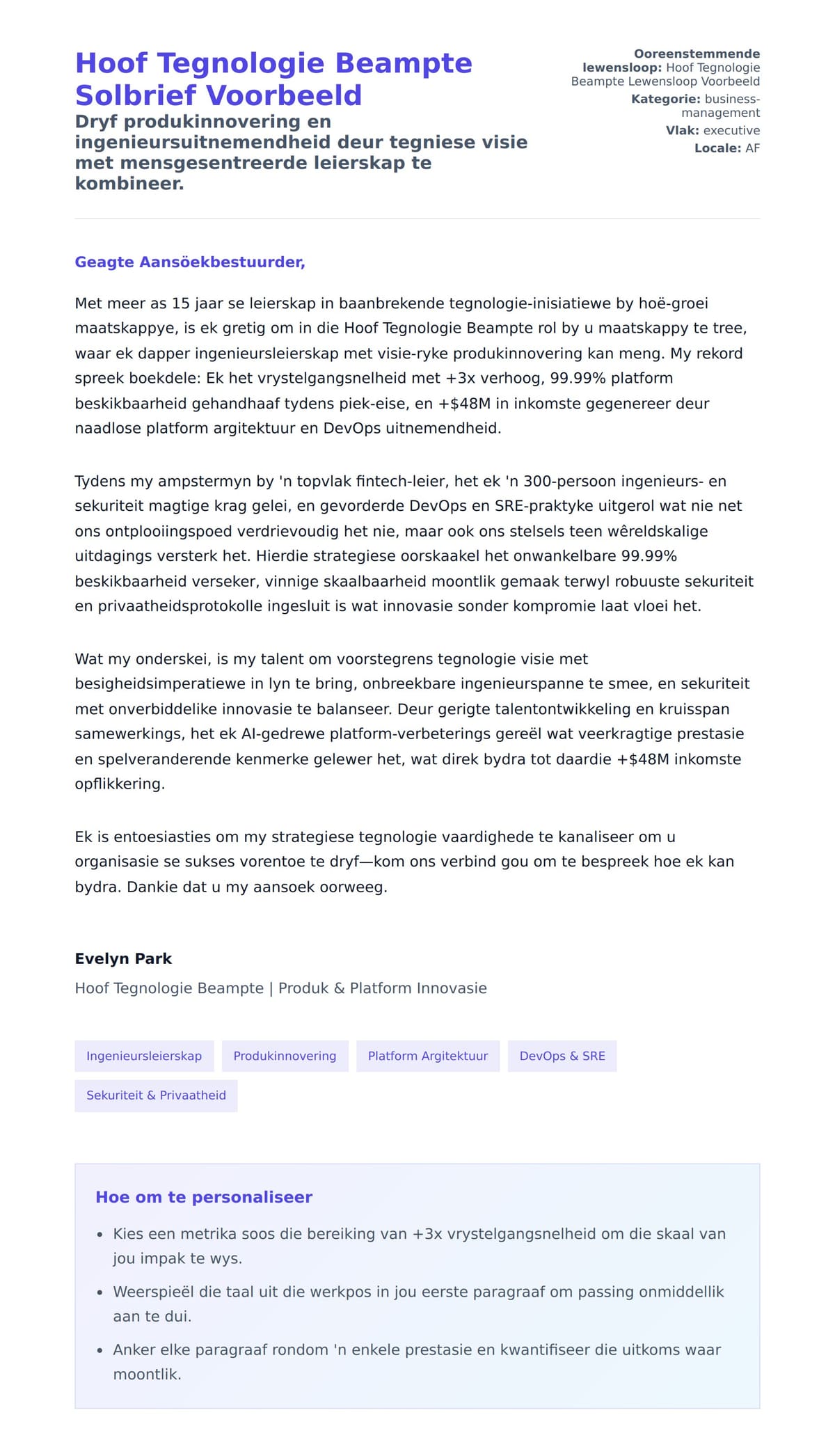 Solbrief-voorskou vir Hoof Tegnologie Beampte Solbrief Voorbeeld