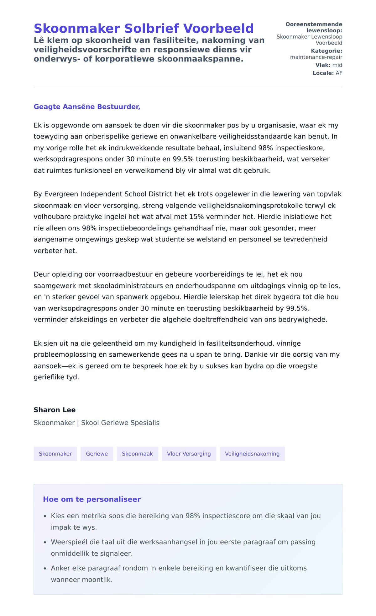 Solbrief-voorskou vir Skoonmaker Solbrief Voorbeeld