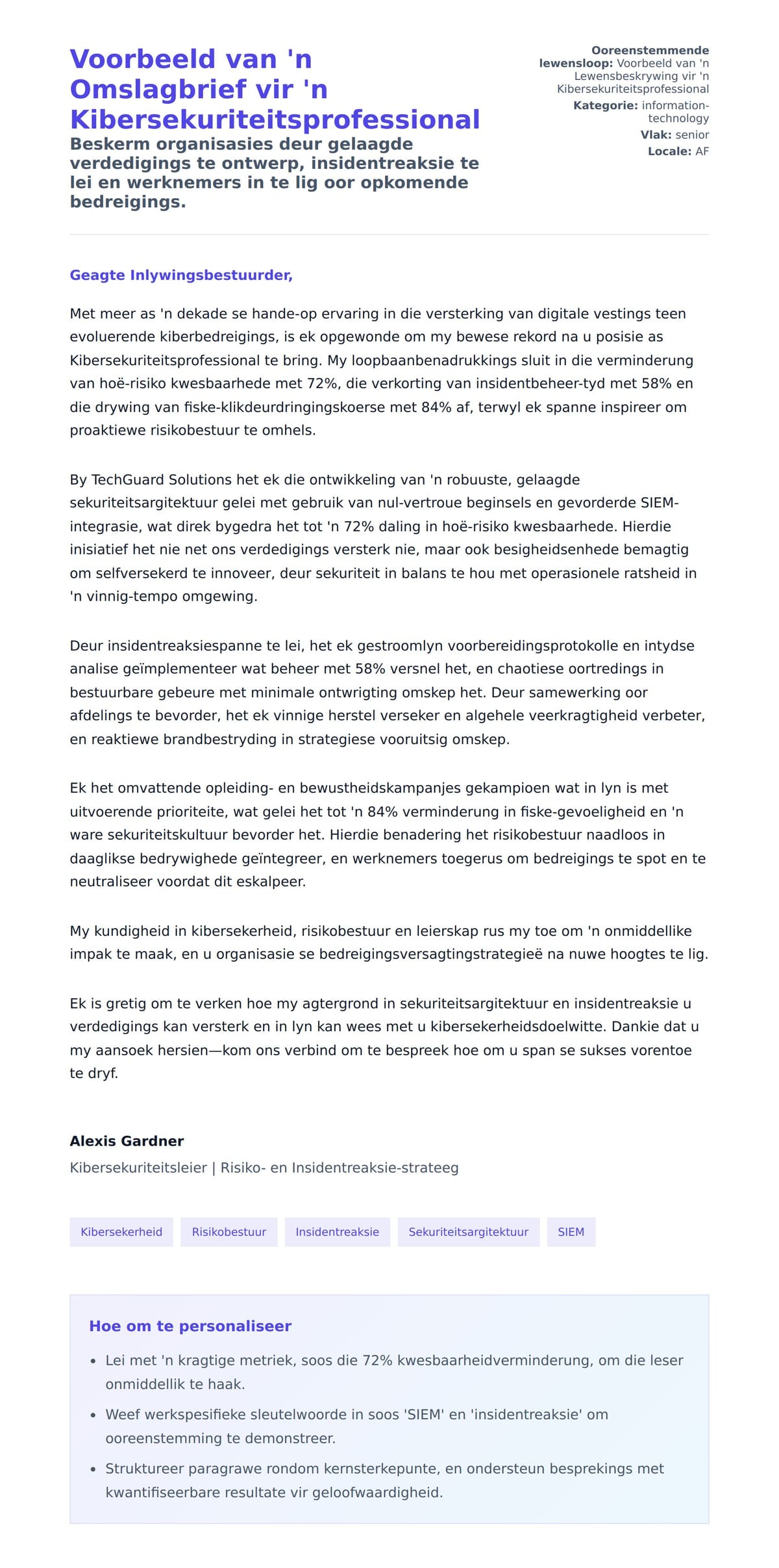 Solbrief-voorskou vir Voorbeeld van 'n Omslagbrief vir 'n Kibersekuriteitsprofessional