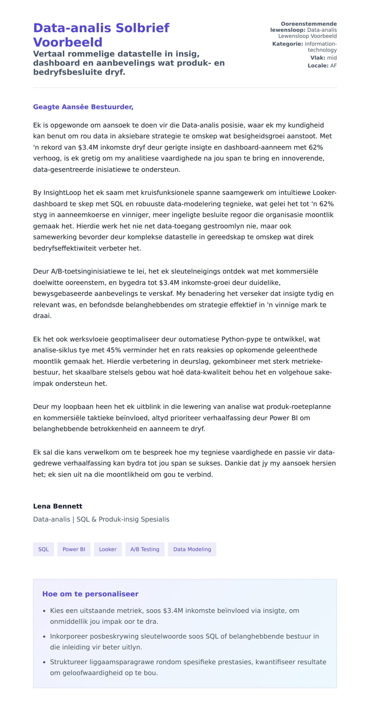 Solbrief-voorskou vir Data-analis Solbrief Voorbeeld