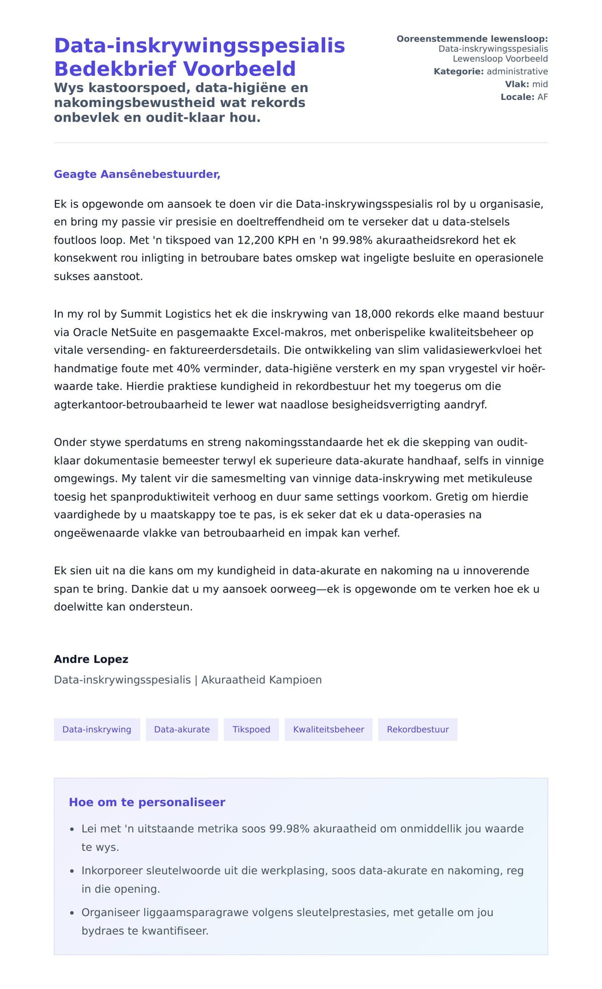 Solbrief-voorskou vir Data-inskrywingsspesialis Bedekbrief Voorbeeld
