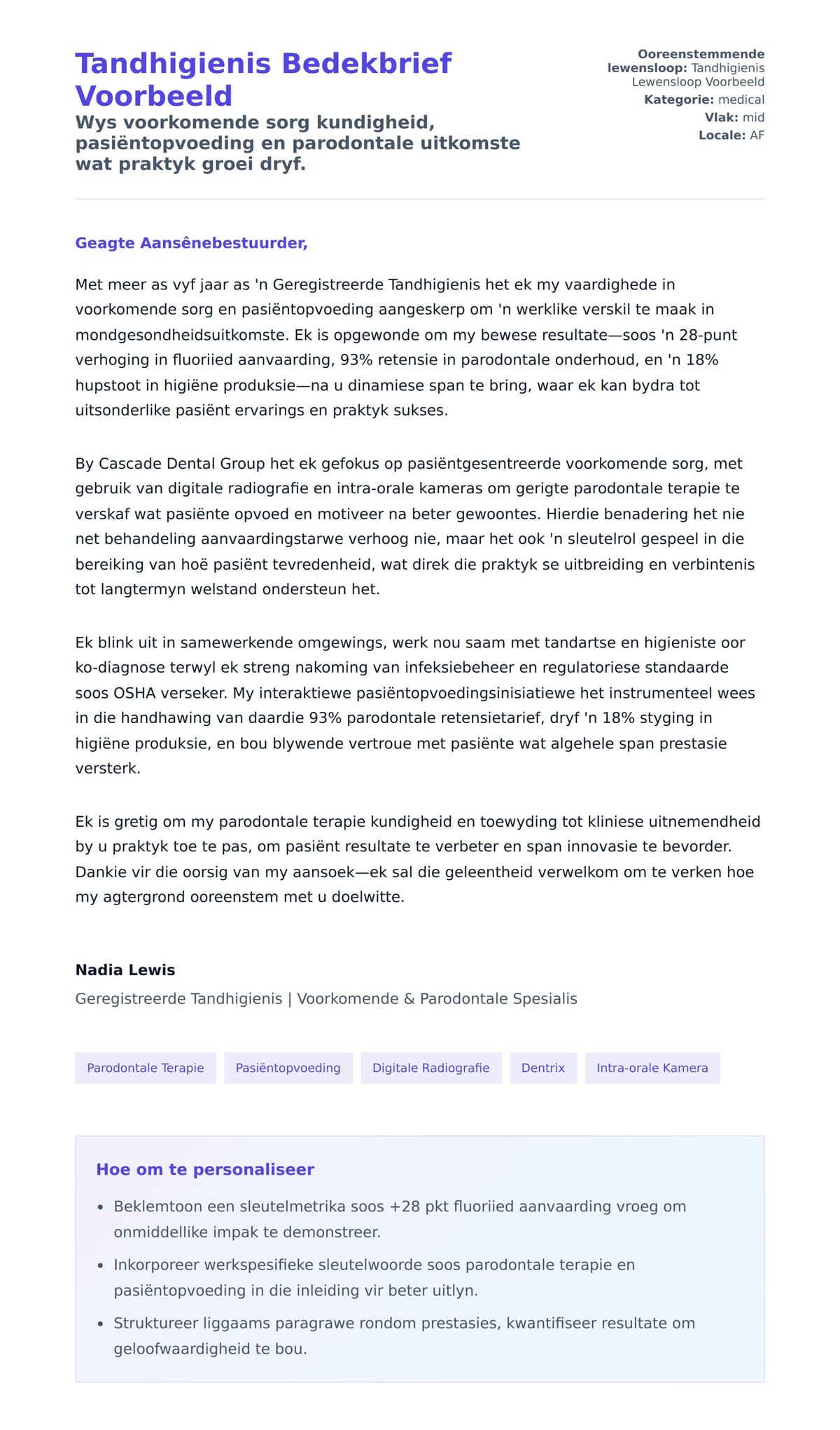 Solbrief-voorskou vir Tandhigienis Bedekbrief Voorbeeld