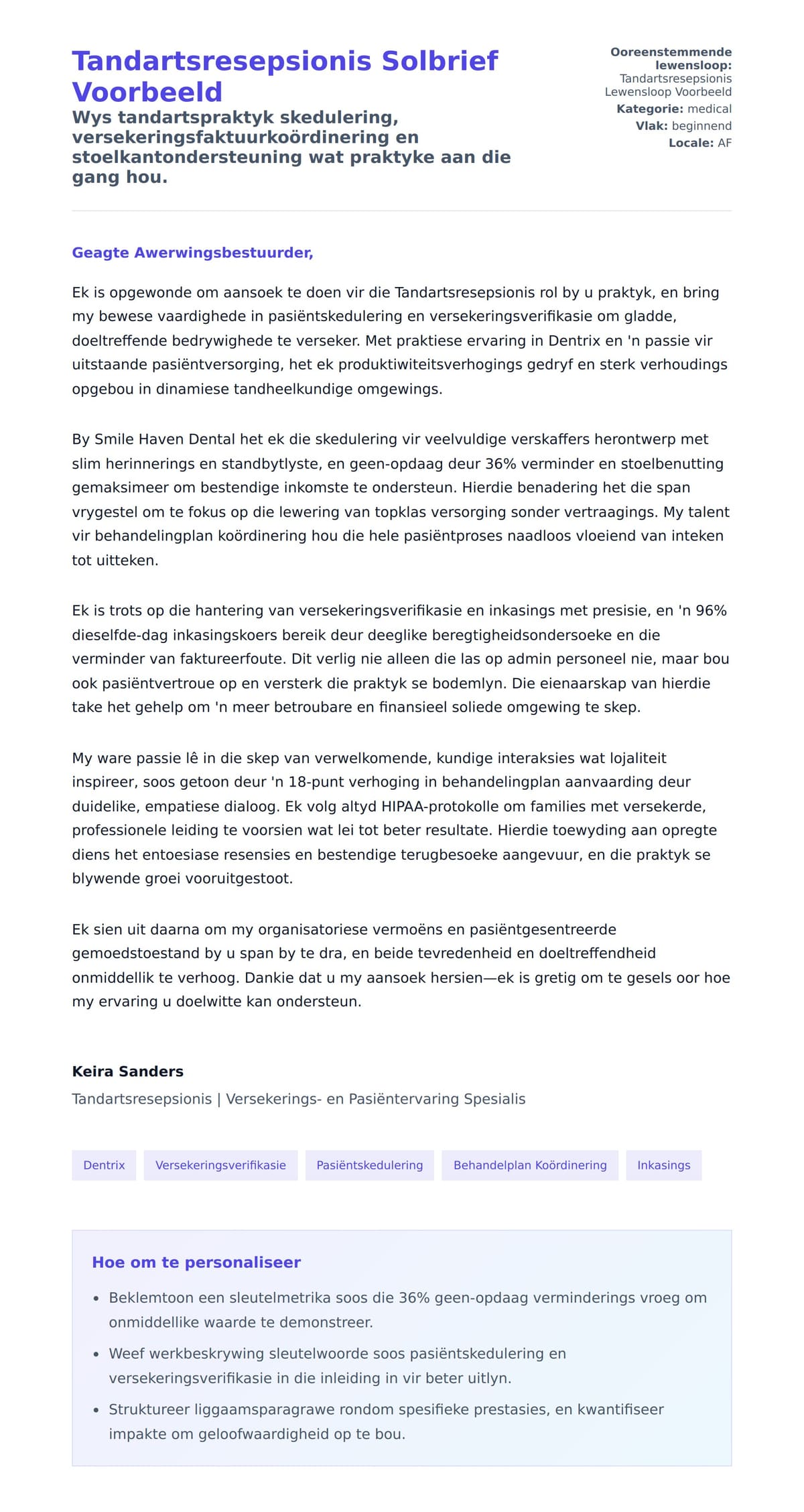 Solbrief-voorskou vir Tandartsresepsionis Solbrief Voorbeeld