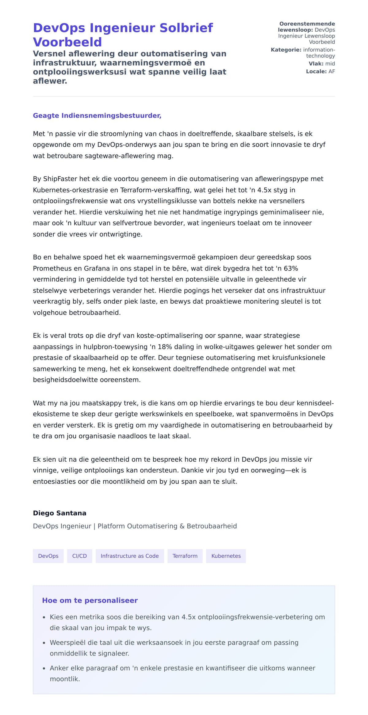 Solbrief-voorskou vir DevOps Ingenieur Solbrief Voorbeeld