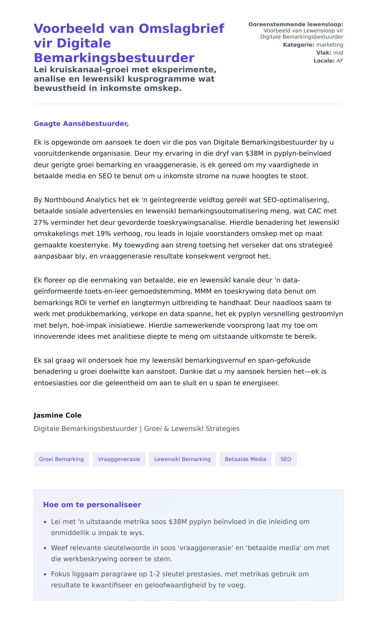 Solbrief-voorskou vir Voorbeeld van Omslagbrief vir Digitale Bemarkingsbestuurder