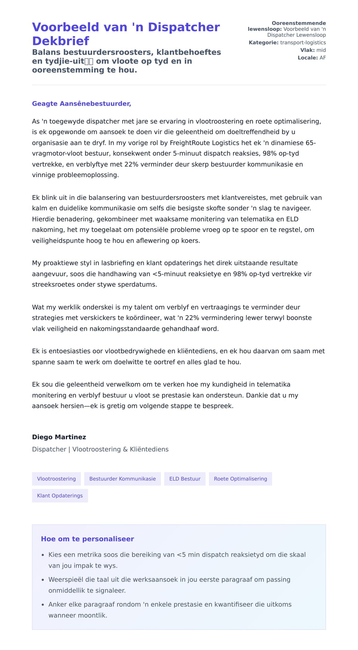 Solbrief-voorskou vir Voorbeeld van 'n Dispatcher Dekbrief