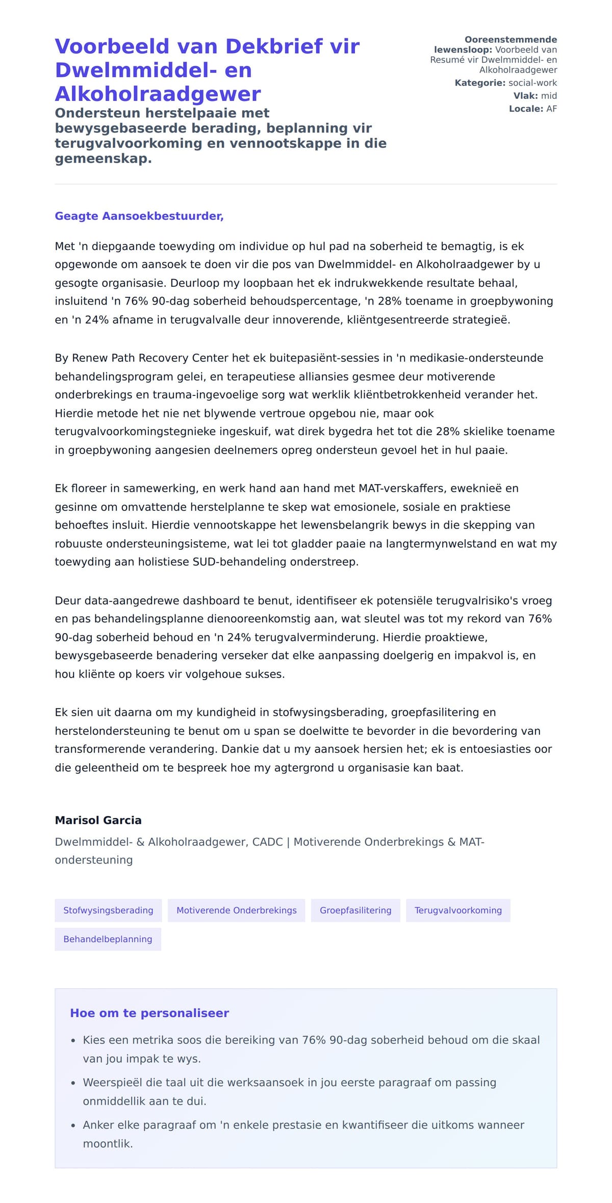 Solbrief-voorskou vir Voorbeeld van Dekbrief vir Dwelmmiddel- en Alkoholraadgewer