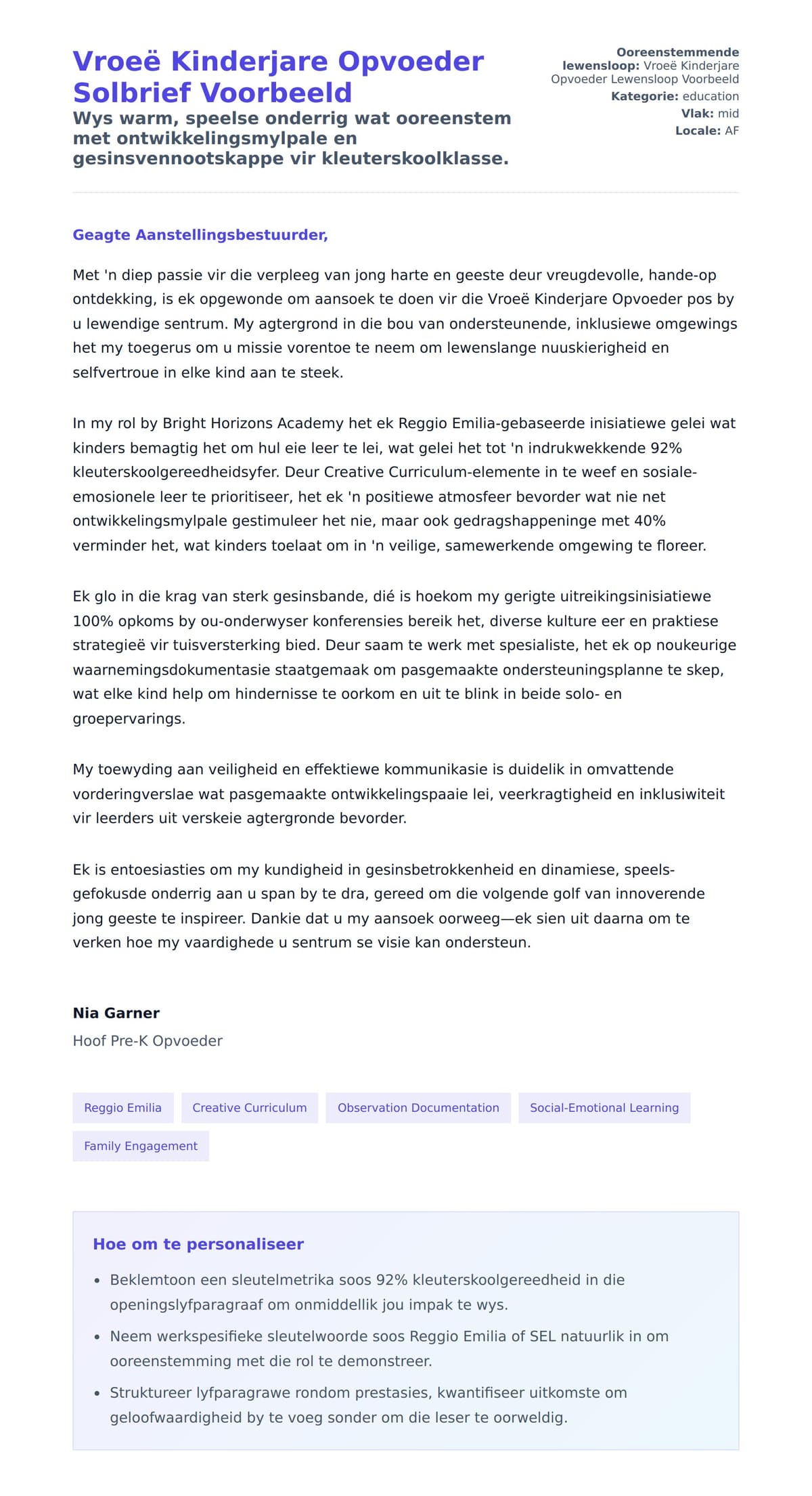 Solbrief-voorskou vir Vroeë Kinderjare Opvoeder Solbrief Voorbeeld