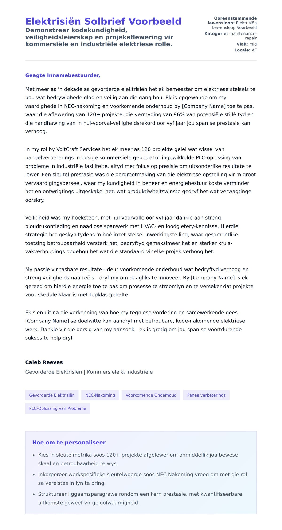 Solbrief-voorskou vir Elektrisiën Solbrief Voorbeeld