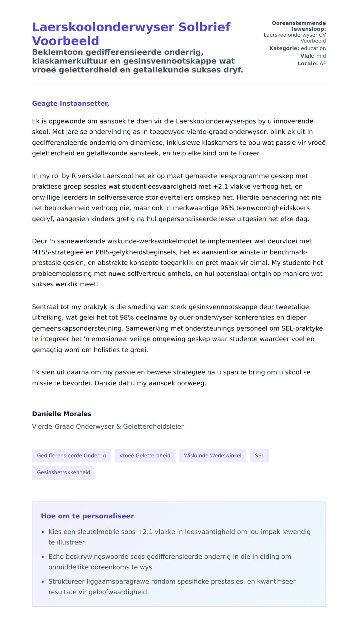 Solbrief-voorskou vir Laerskoolonderwyser Solbrief Voorbeeld