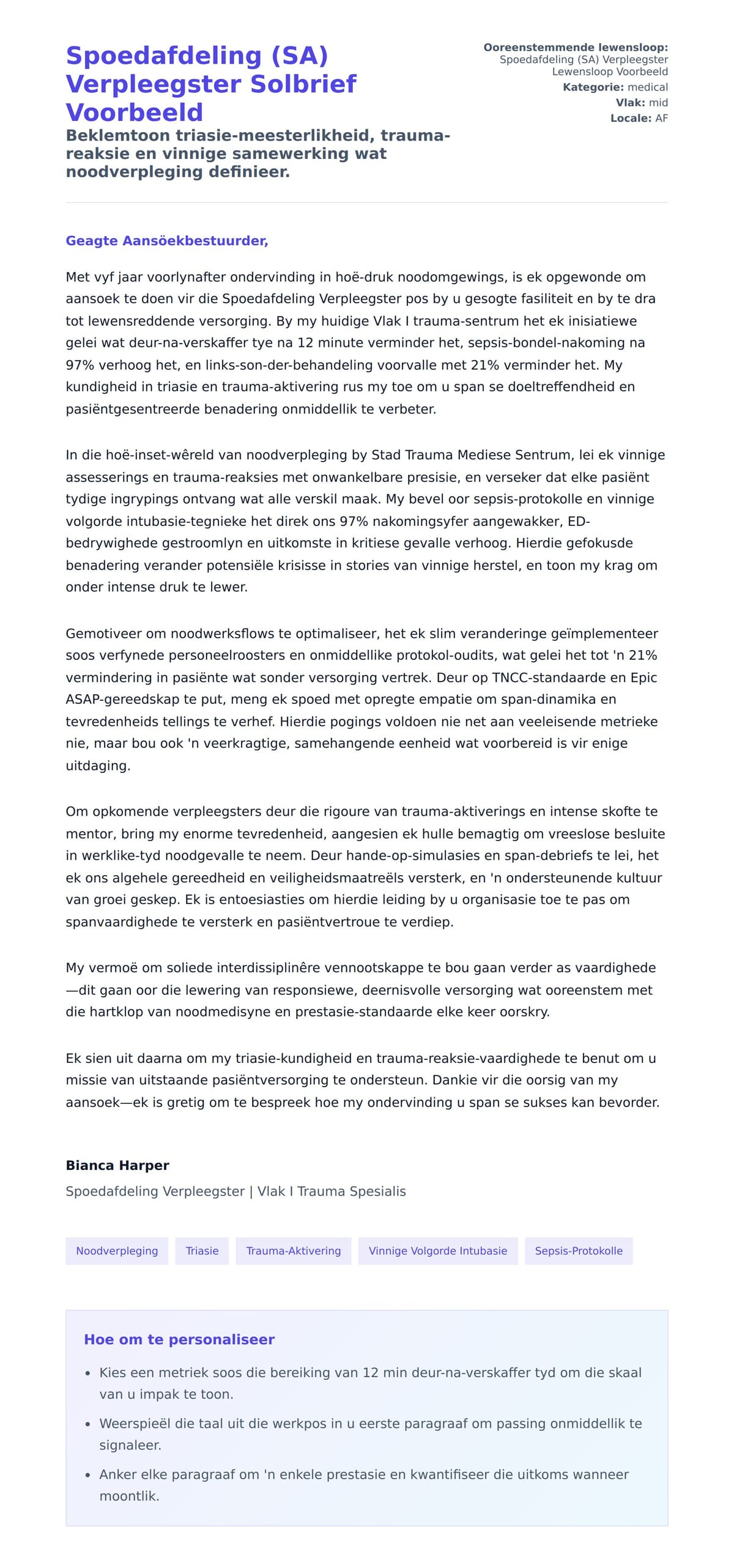 Solbrief-voorskou vir Spoedafdeling (SA) Verpleegster Solbrief Voorbeeld