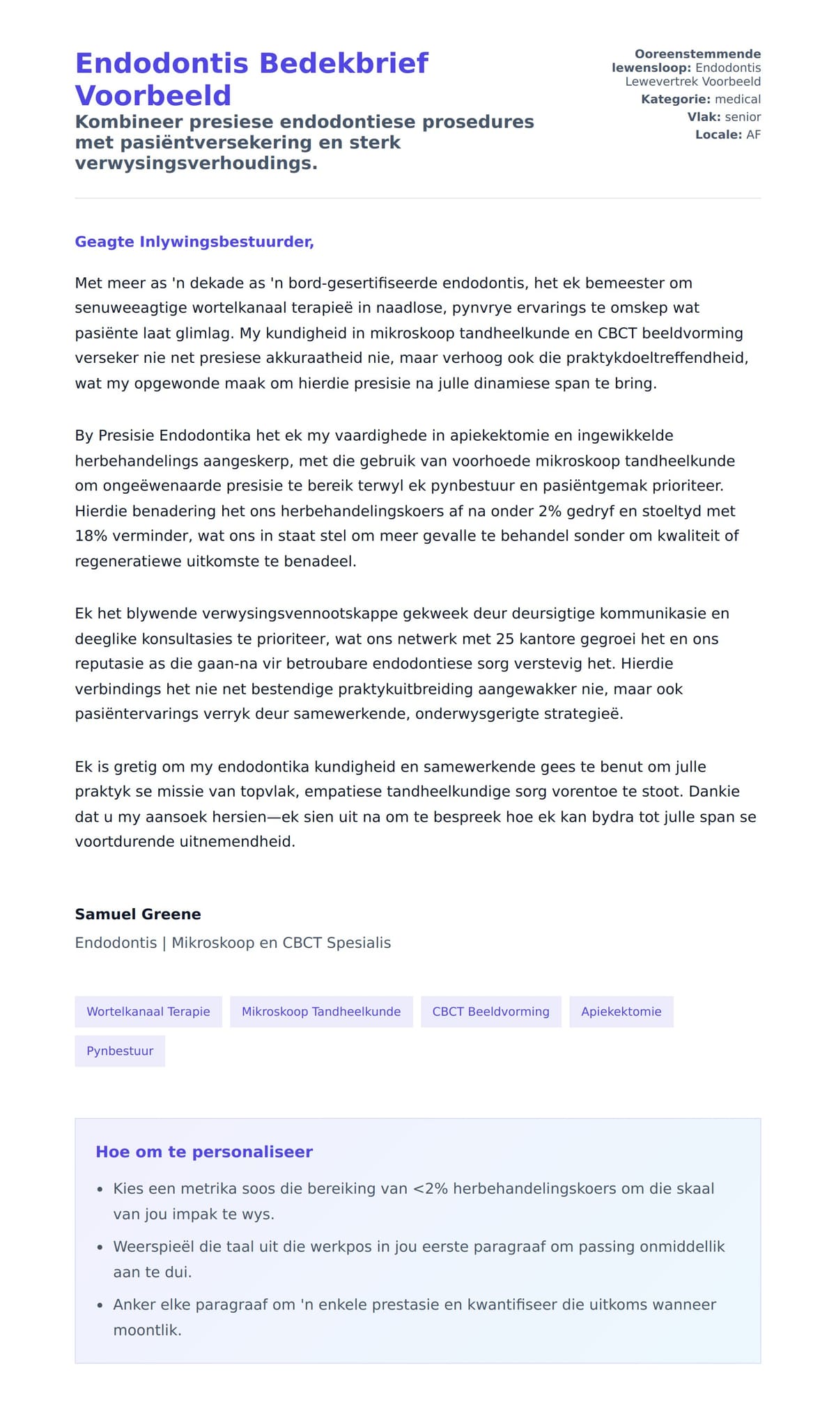 Solbrief-voorskou vir Endodontis Bedekbrief Voorbeeld