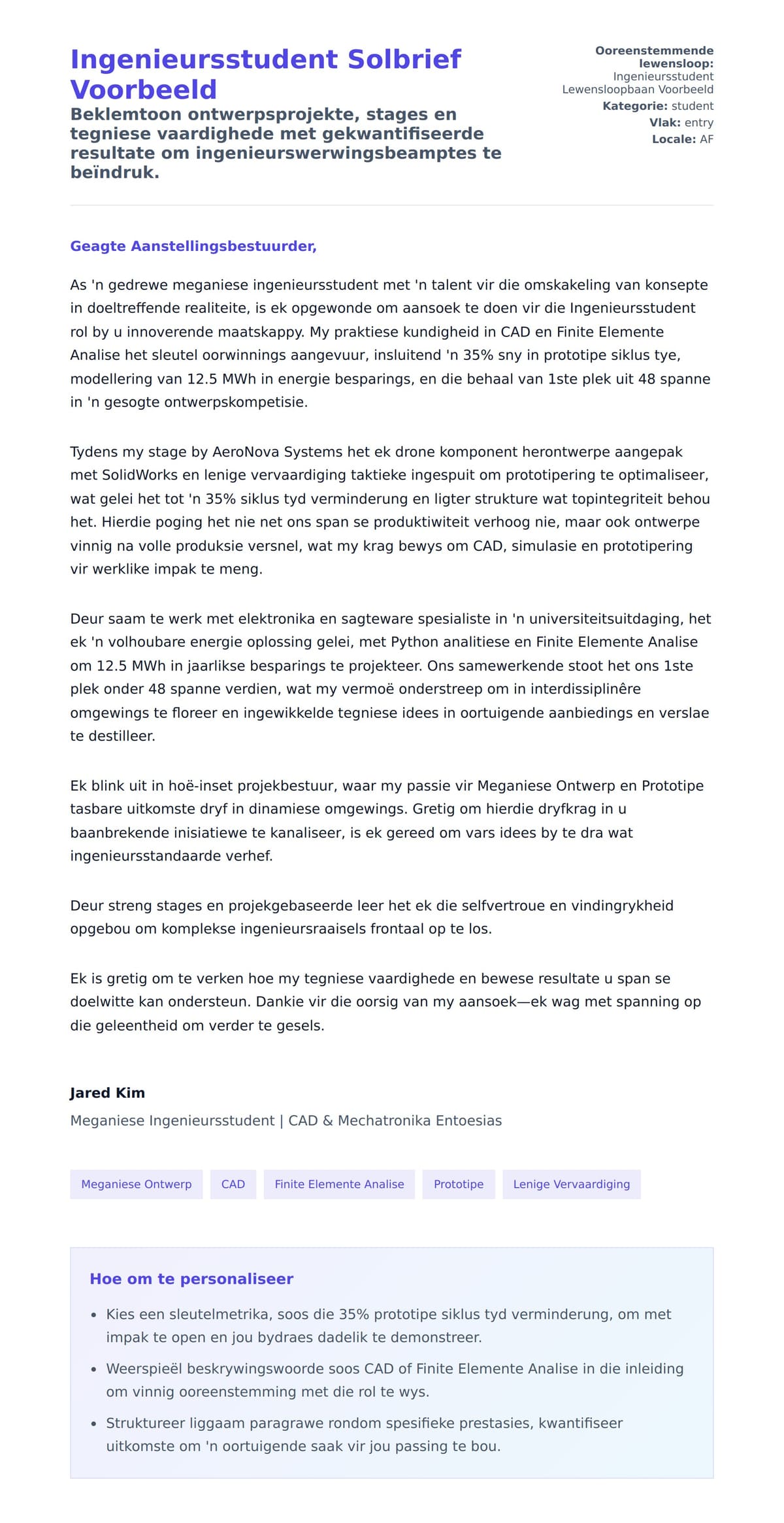 Solbrief-voorskou vir Ingenieursstudent Solbrief Voorbeeld