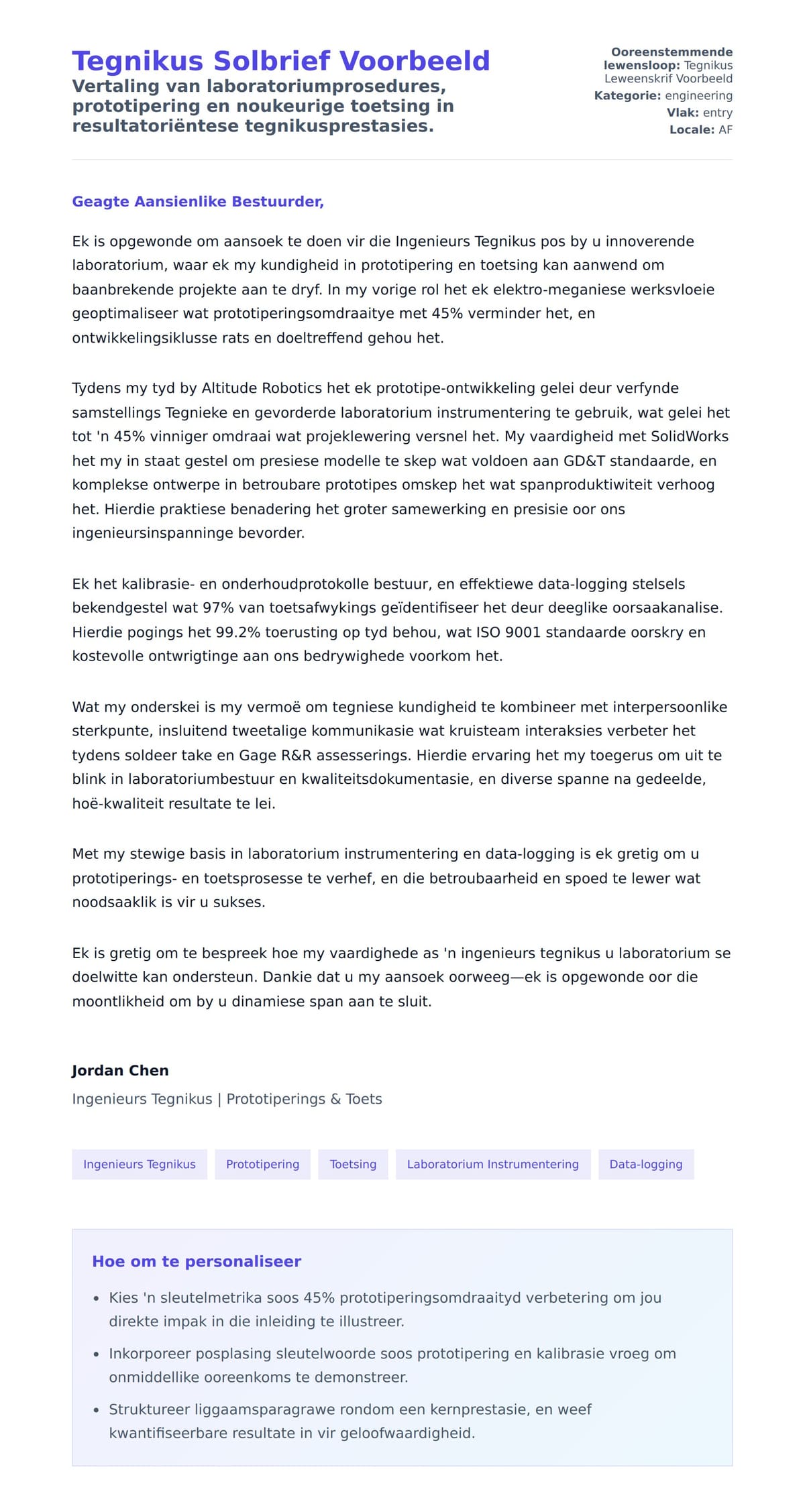 Solbrief-voorskou vir Tegnikus Solbrief Voorbeeld