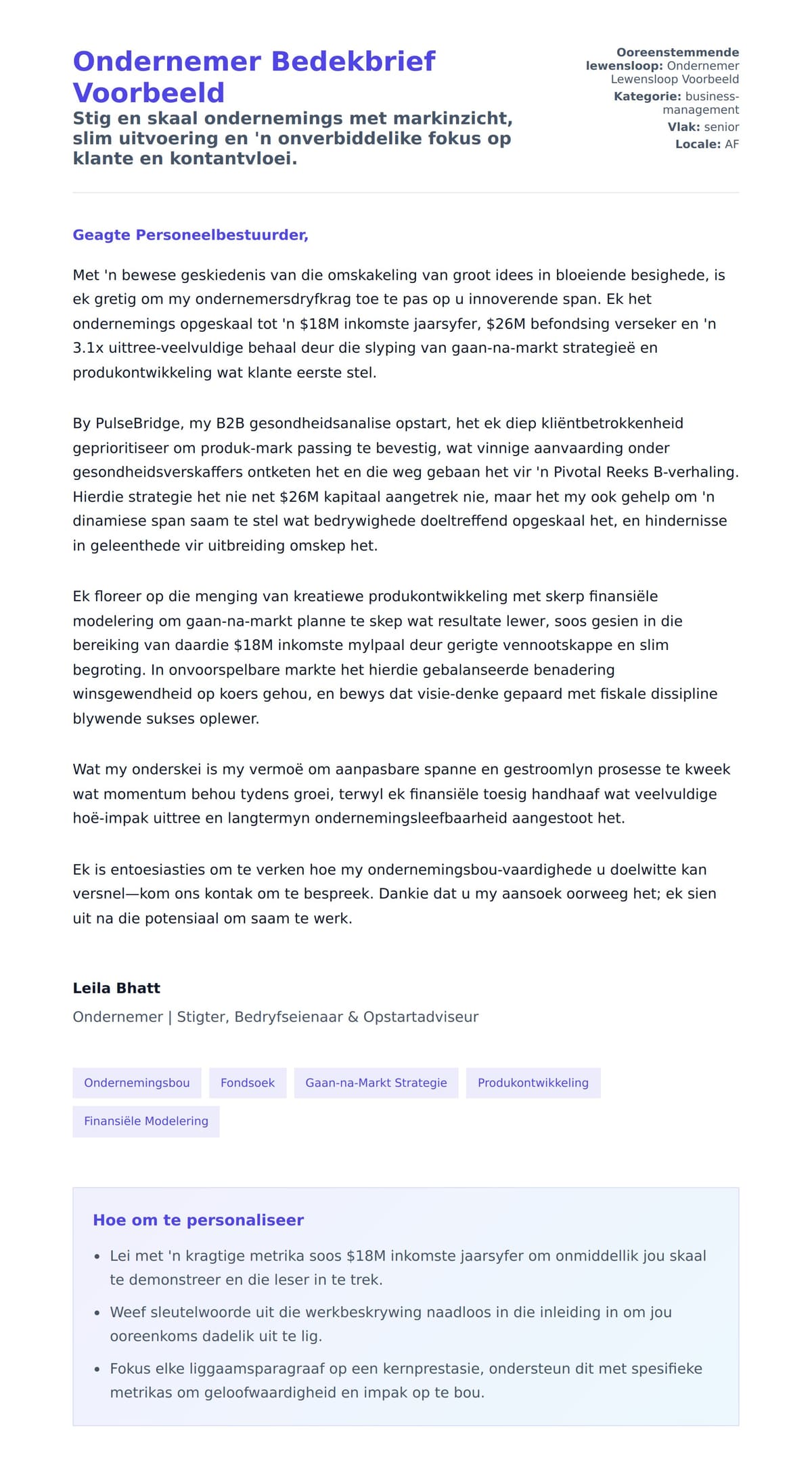 Solbrief-voorskou vir Ondernemer Bedekbrief Voorbeeld