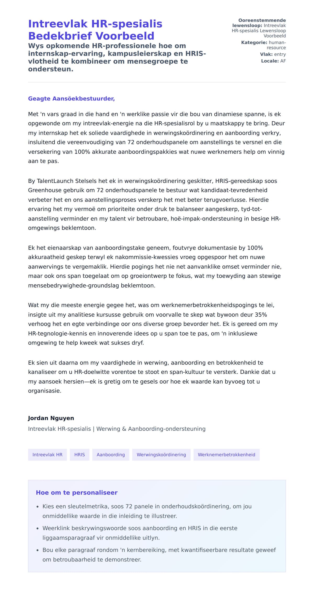 Solbrief-voorskou vir Intreevlak HR-spesialis Bedekbrief Voorbeeld