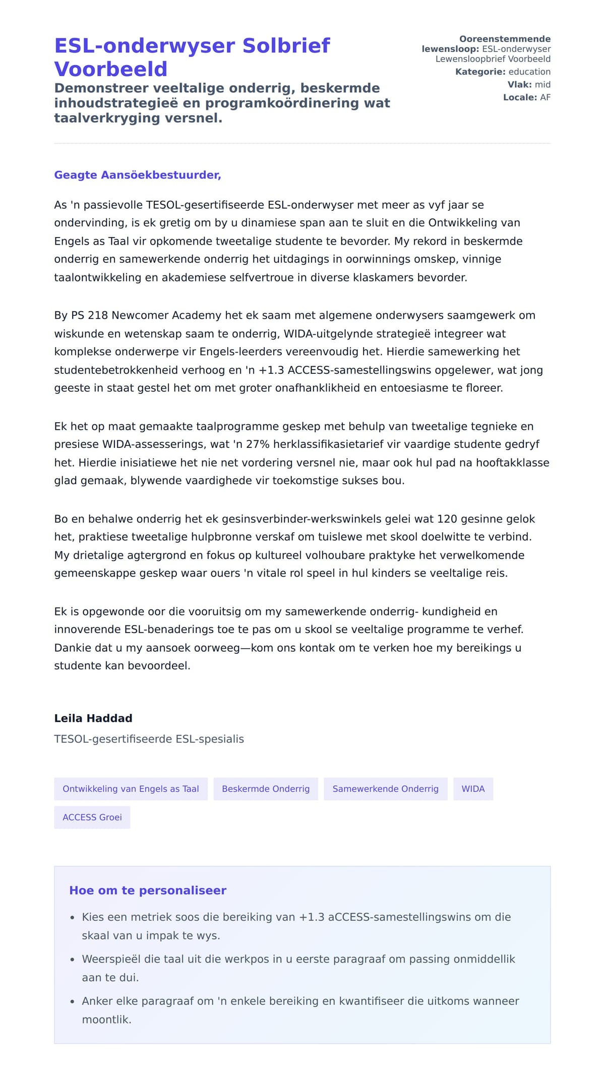 Solbrief-voorskou vir ESL-onderwyser Solbrief Voorbeeld