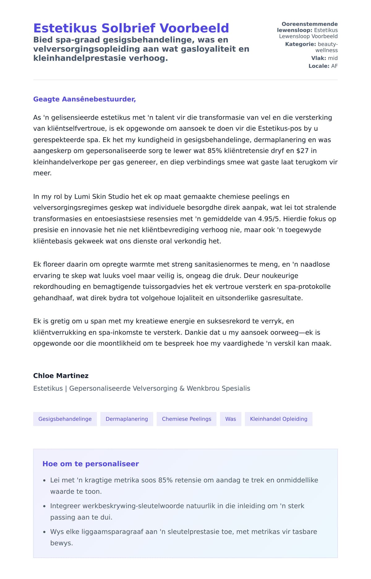 Solbrief-voorskou vir Estetikus Solbrief Voorbeeld