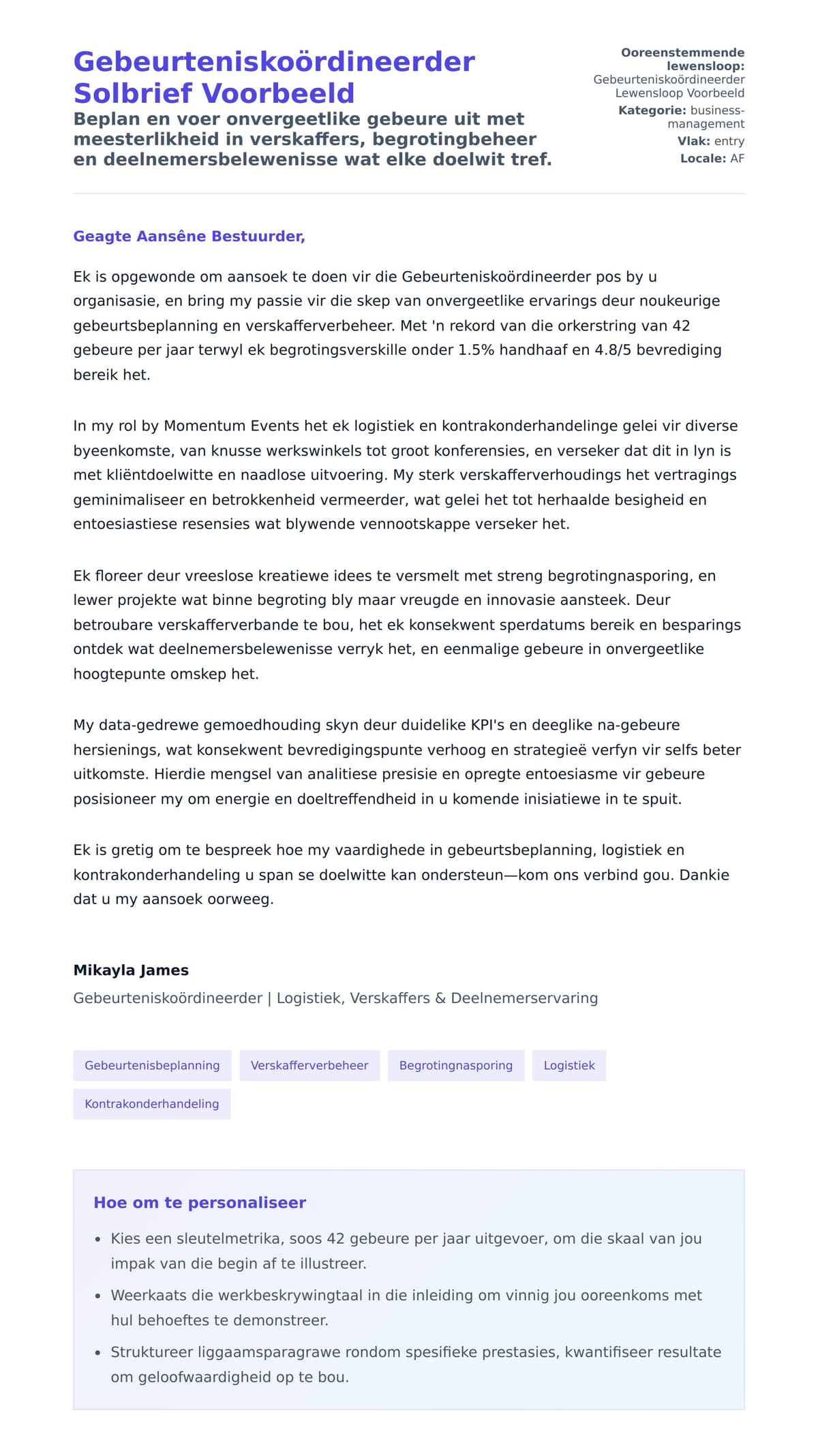 Solbrief-voorskou vir Gebeurteniskoördineerder Solbrief Voorbeeld