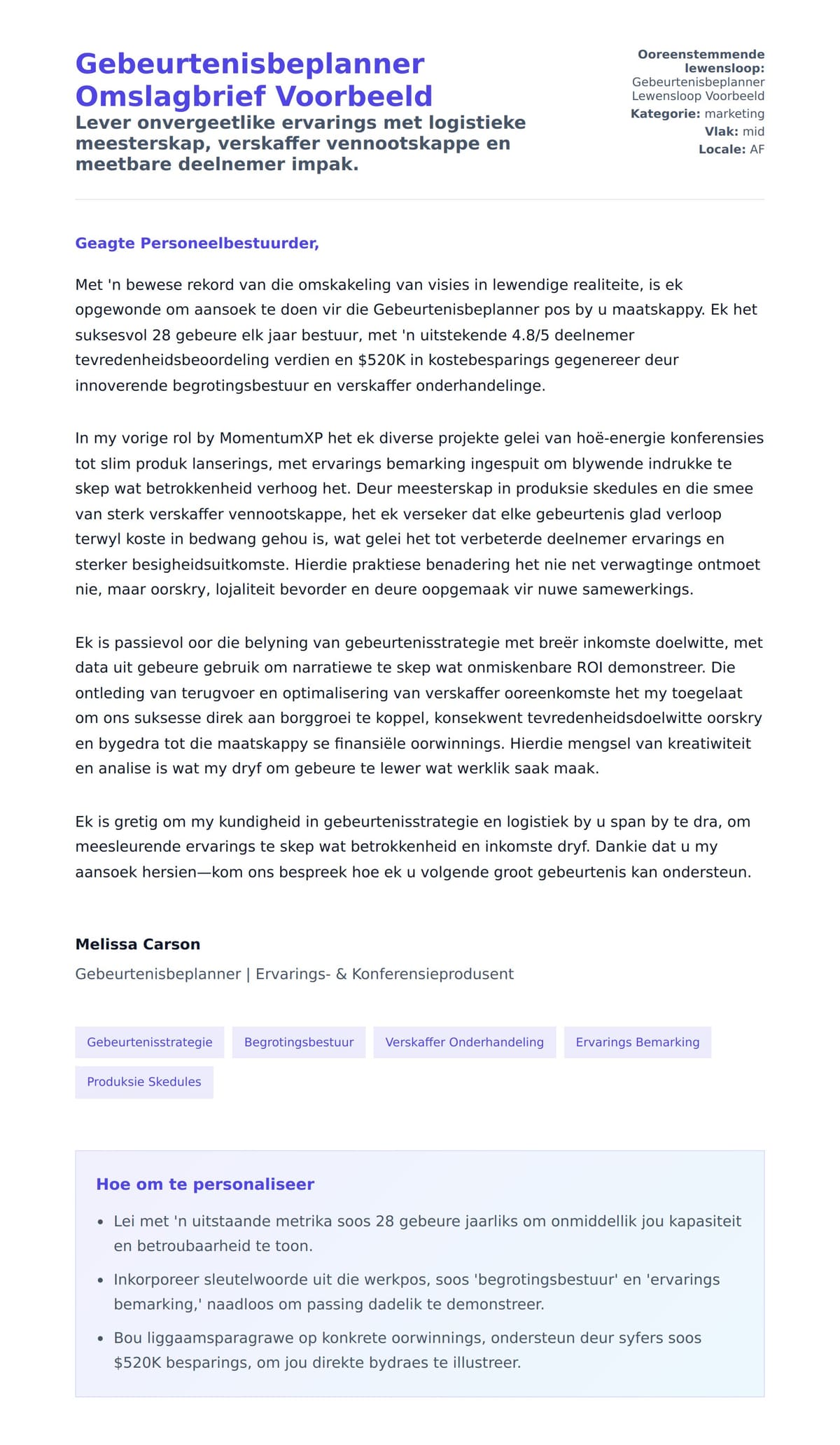 Solbrief-voorskou vir Gebeurtenisbeplanner Omslagbrief Voorbeeld