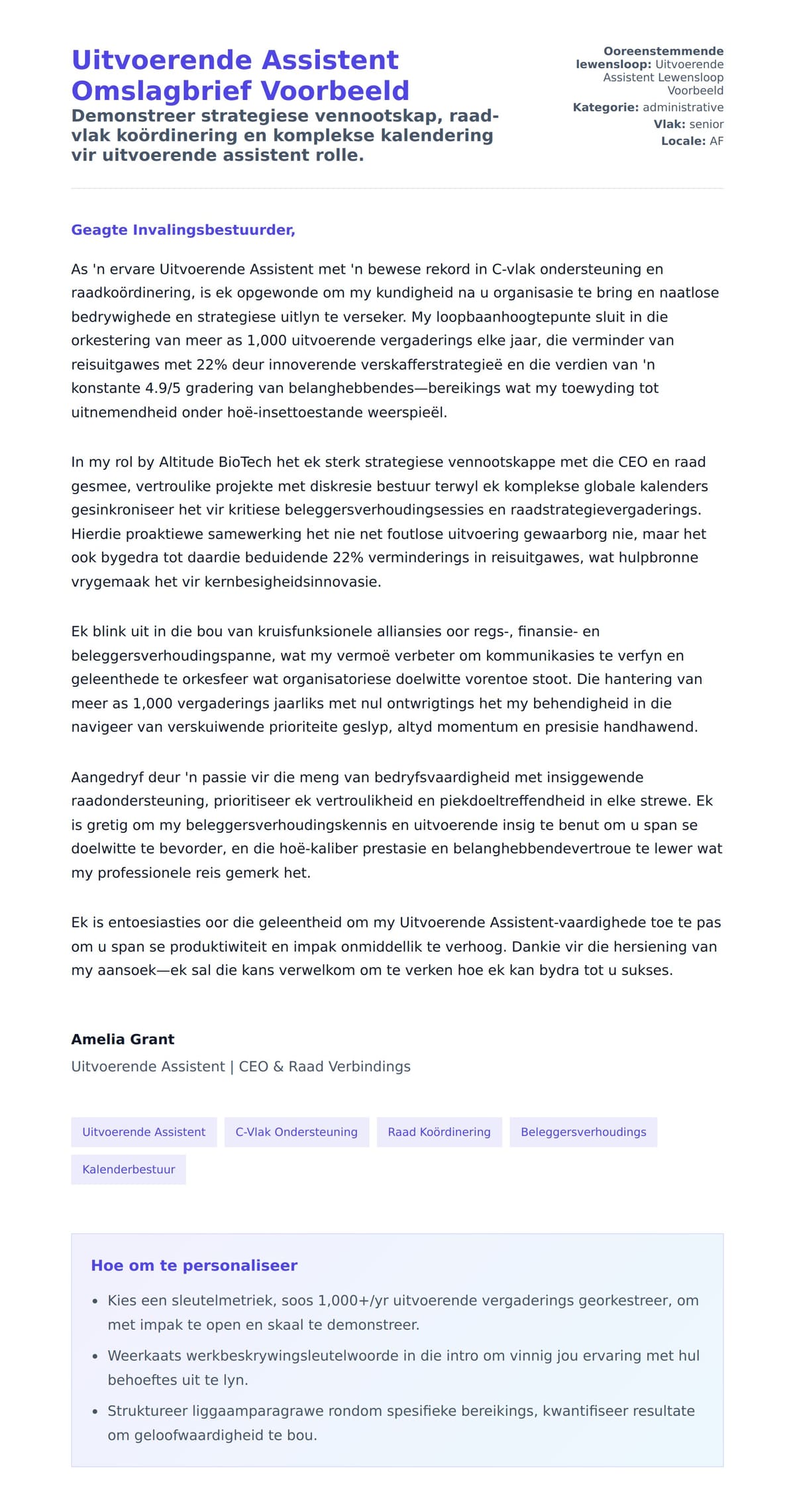 Solbrief-voorskou vir Uitvoerende Assistent Omslagbrief Voorbeeld