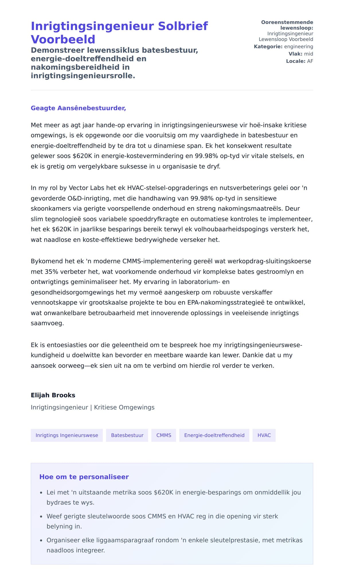 Solbrief-voorskou vir Inrigtingsingenieur Solbrief Voorbeeld