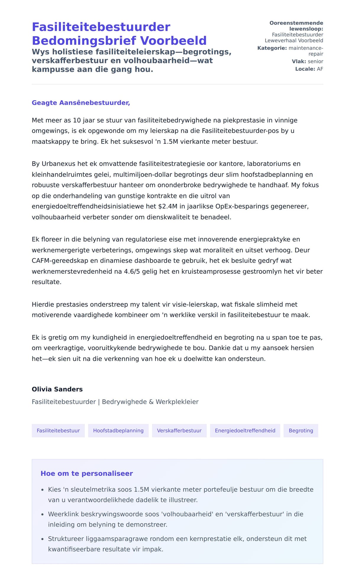 Solbrief-voorskou vir Fasiliteitebestuurder Bedomingsbrief Voorbeeld