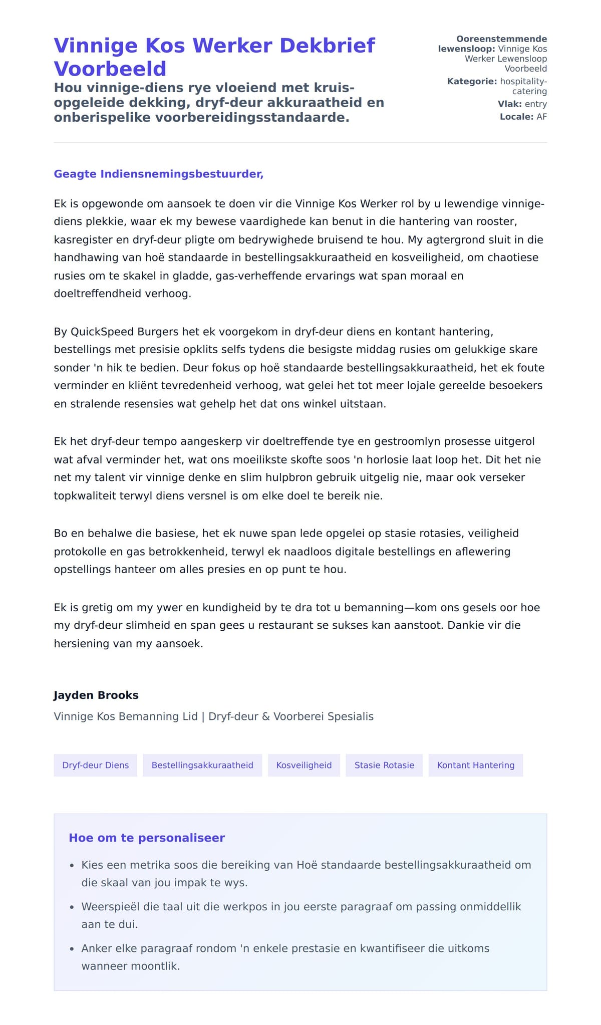 Solbrief-voorskou vir Vinnige Kos Werker Dekbrief Voorbeeld