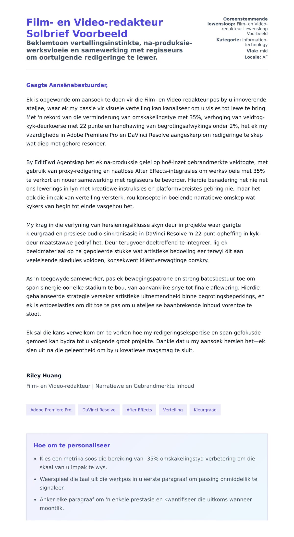 Solbrief-voorskou vir Film- en Video-redakteur Solbrief Voorbeeld