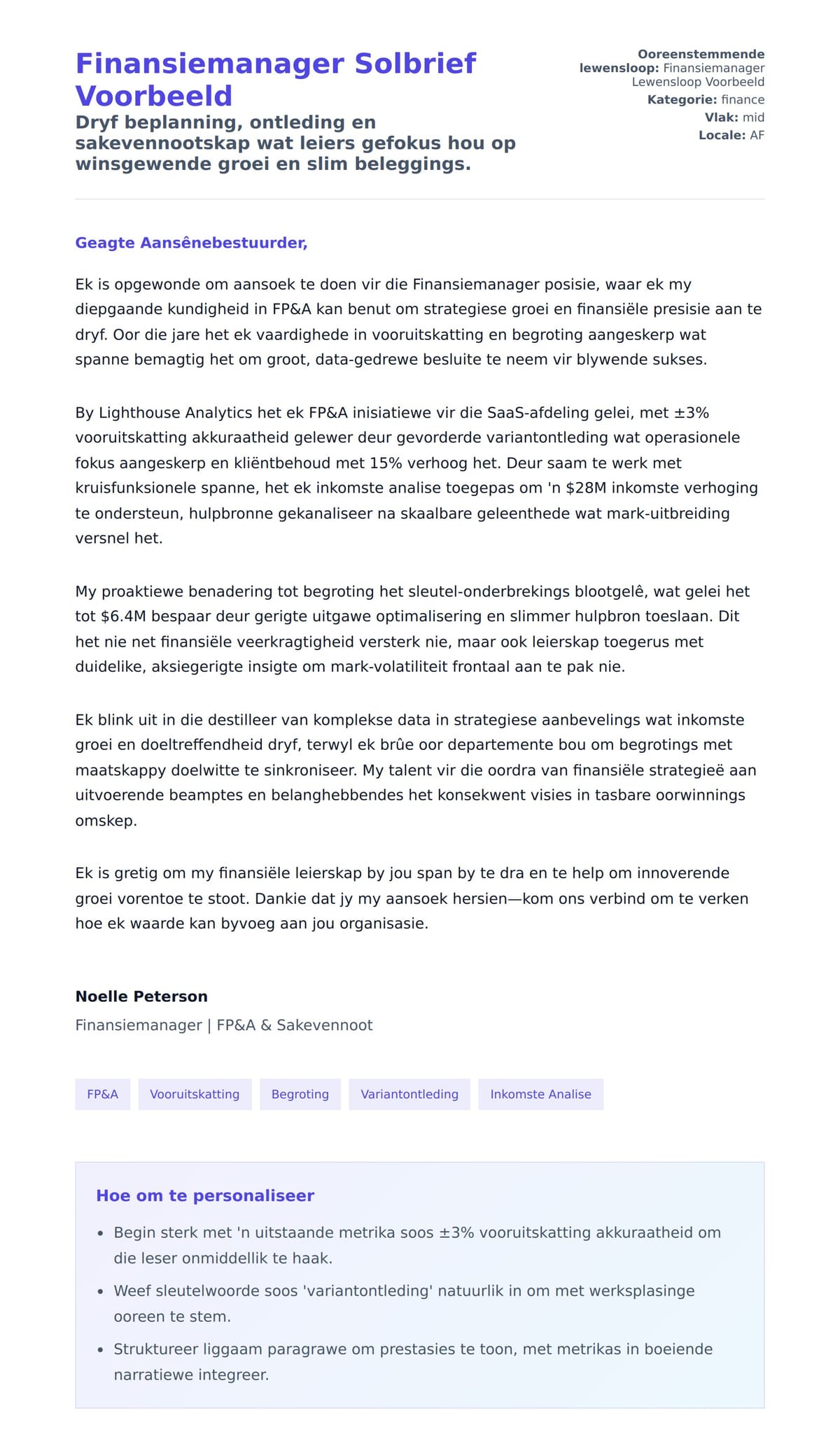 Solbrief-voorskou vir Finansiemanager Solbrief Voorbeeld