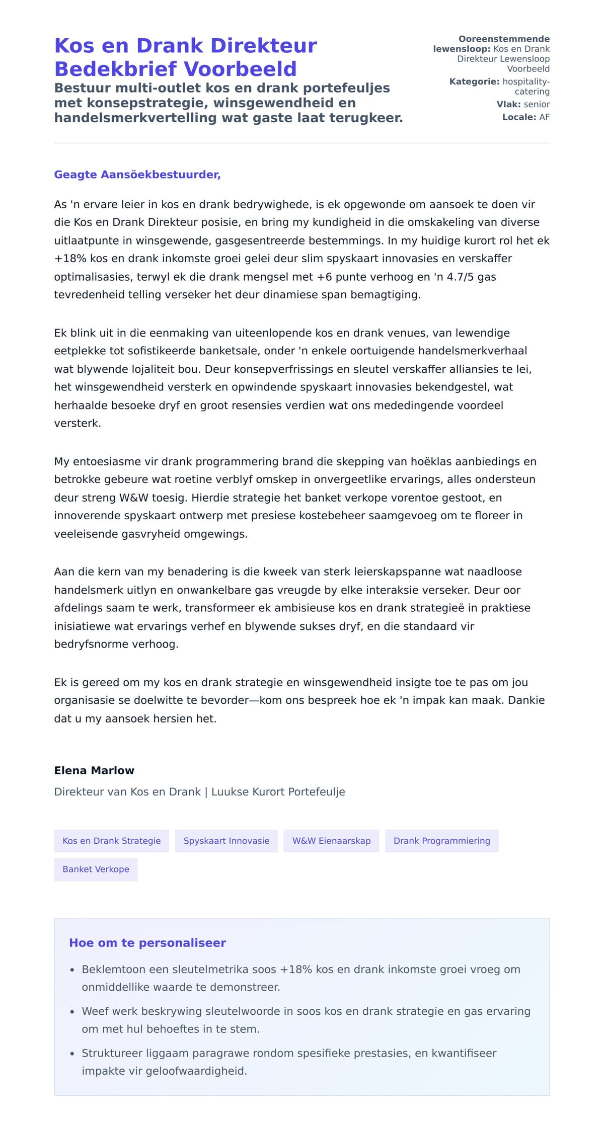 Solbrief-voorskou vir Kos en Drank Direkteur Bedekbrief Voorbeeld