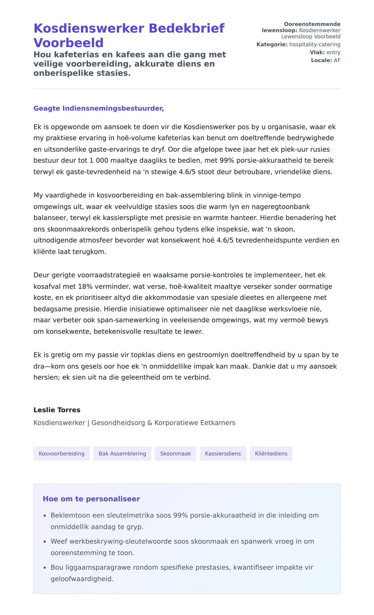 Solbrief-voorskou vir Kosdienswerker Bedekbrief Voorbeeld