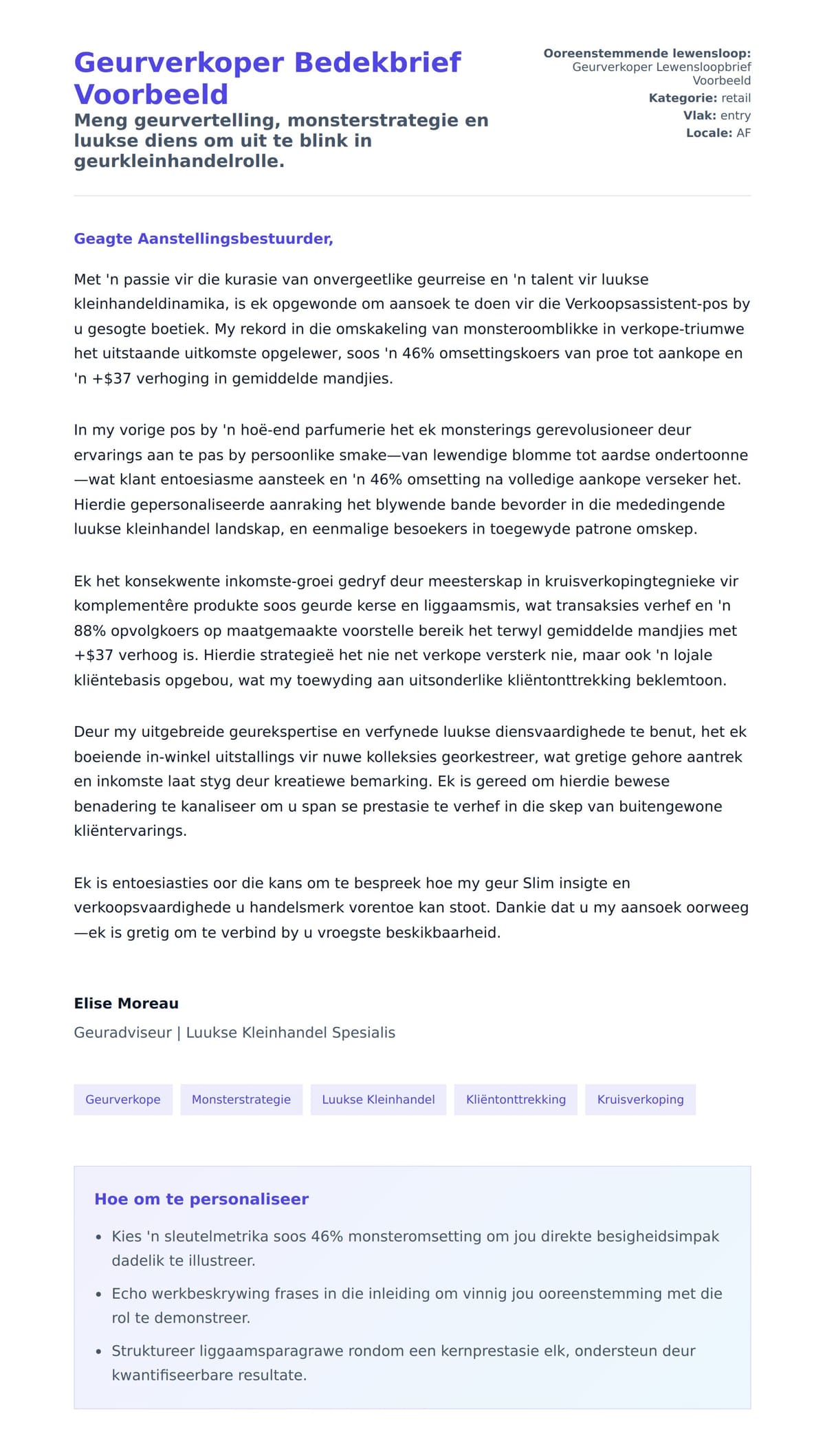 Solbrief-voorskou vir Geurverkoper Bedekbrief Voorbeeld