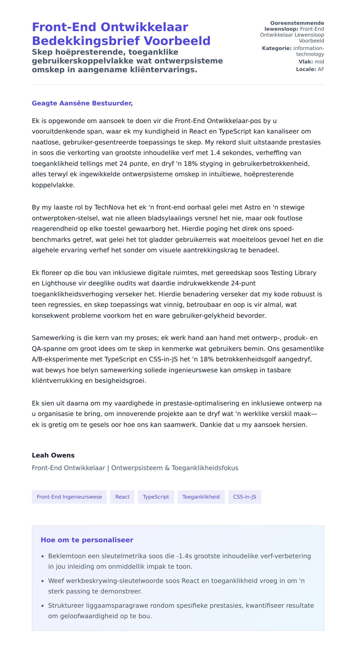 Solbrief-voorskou vir Front-End Ontwikkelaar Bedekkingsbrief Voorbeeld