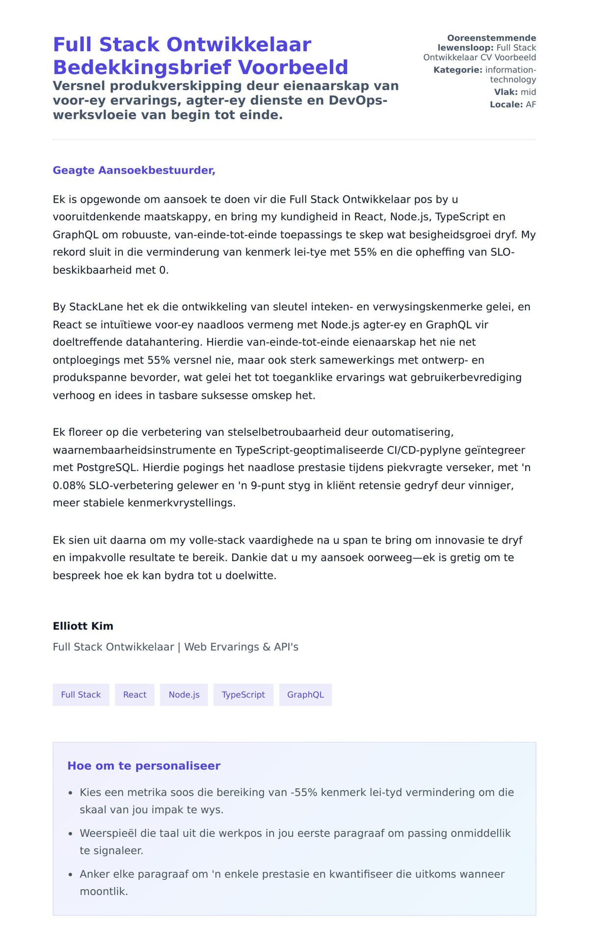 Solbrief-voorskou vir Full Stack Ontwikkelaar Bedekkingsbrief Voorbeeld