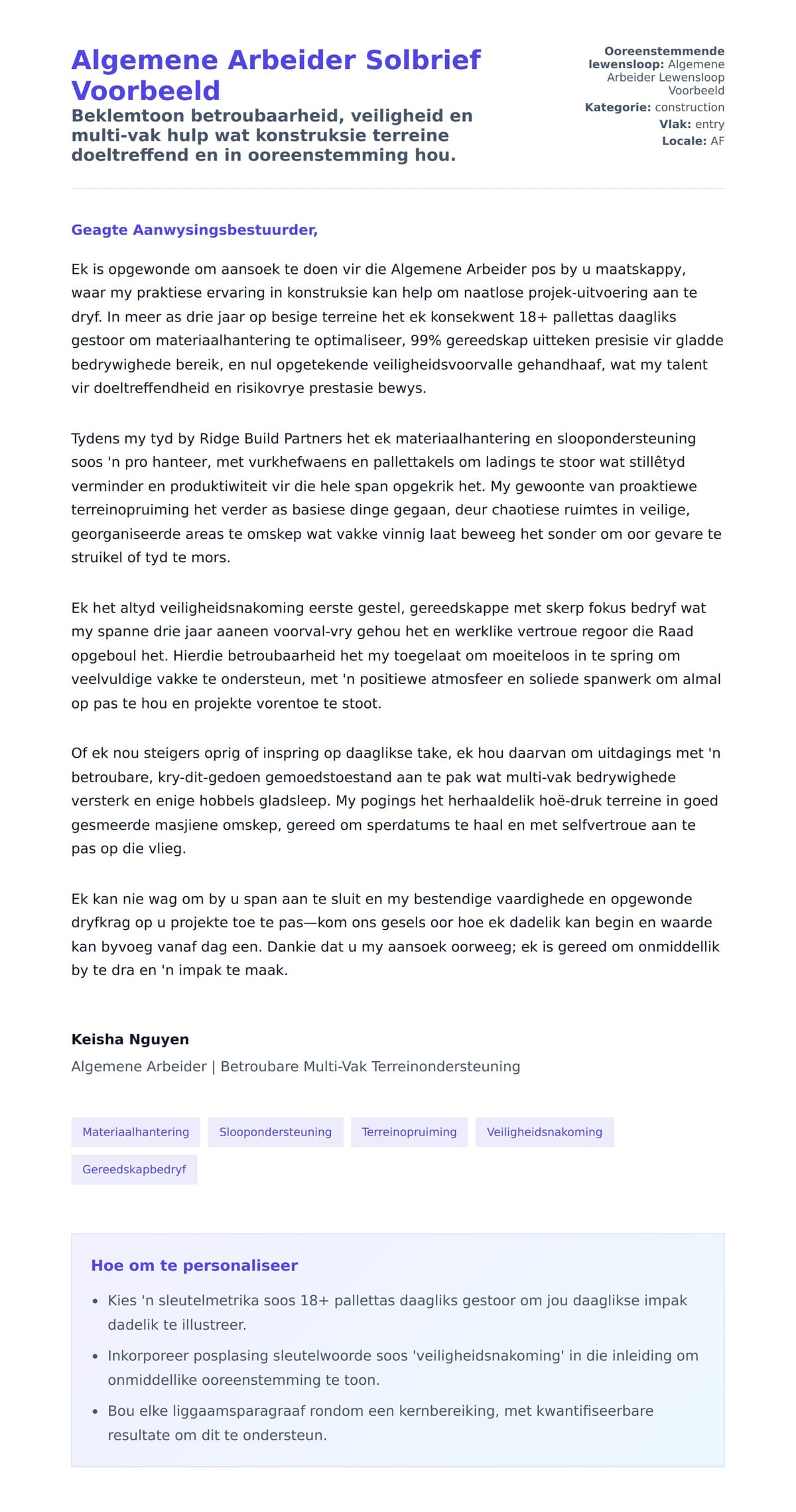 Solbrief-voorskou vir Algemene Arbeider Solbrief Voorbeeld