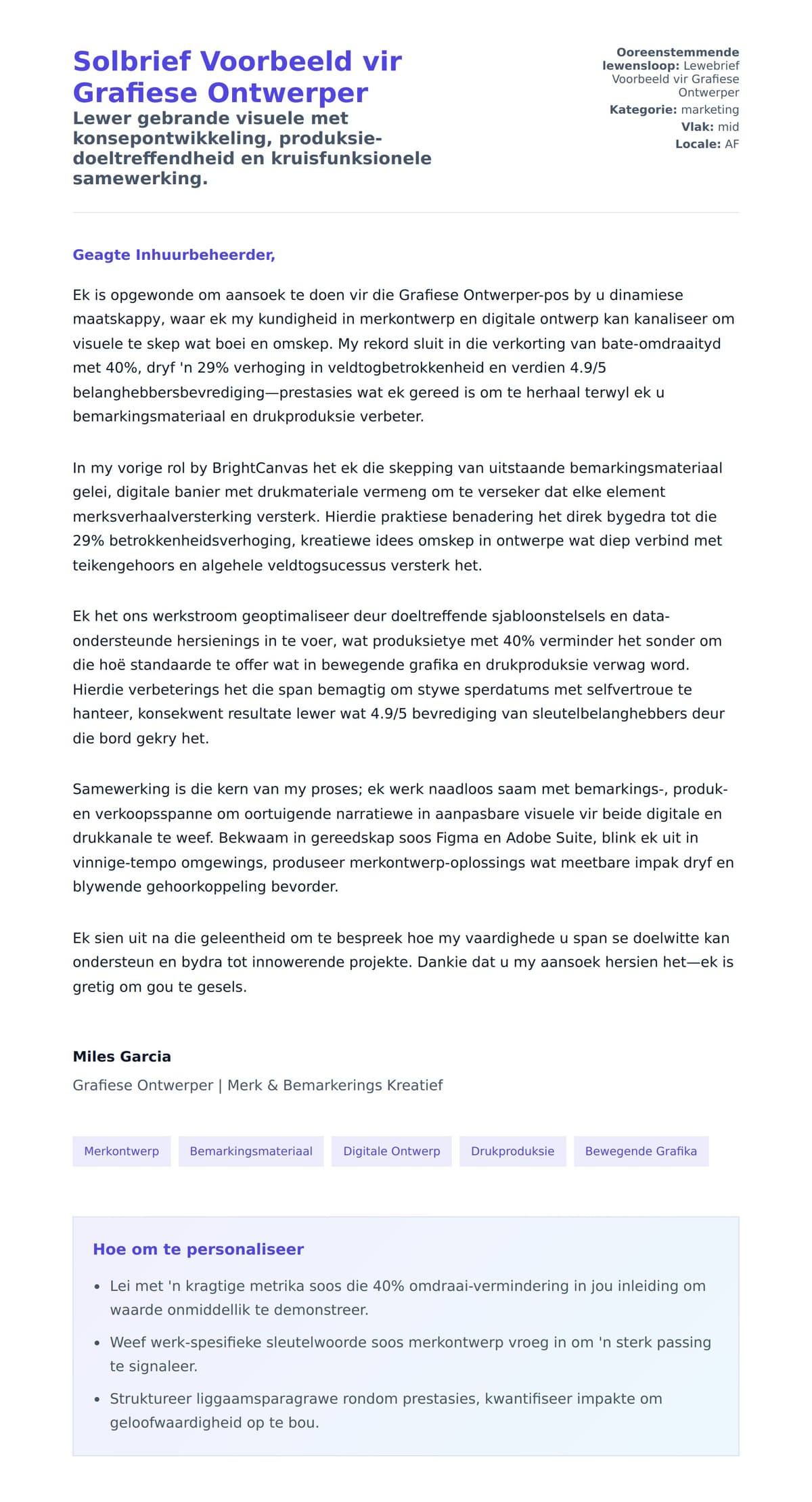 Solbrief-voorskou vir Solbrief Voorbeeld vir Grafiese Ontwerper