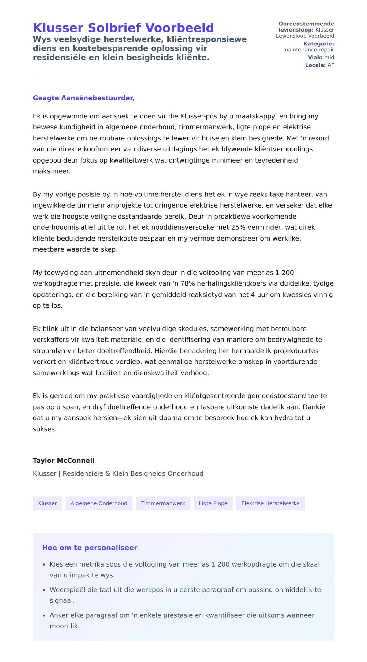 Solbrief-voorskou vir Klusser Solbrief Voorbeeld