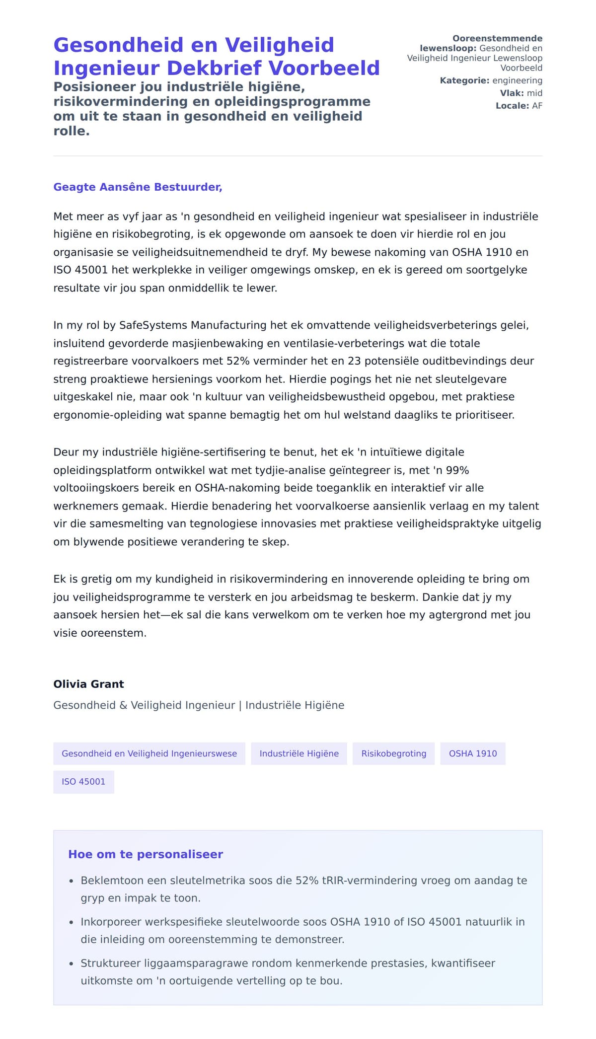 Solbrief-voorskou vir Gesondheid en Veiligheid Ingenieur Dekbrief Voorbeeld