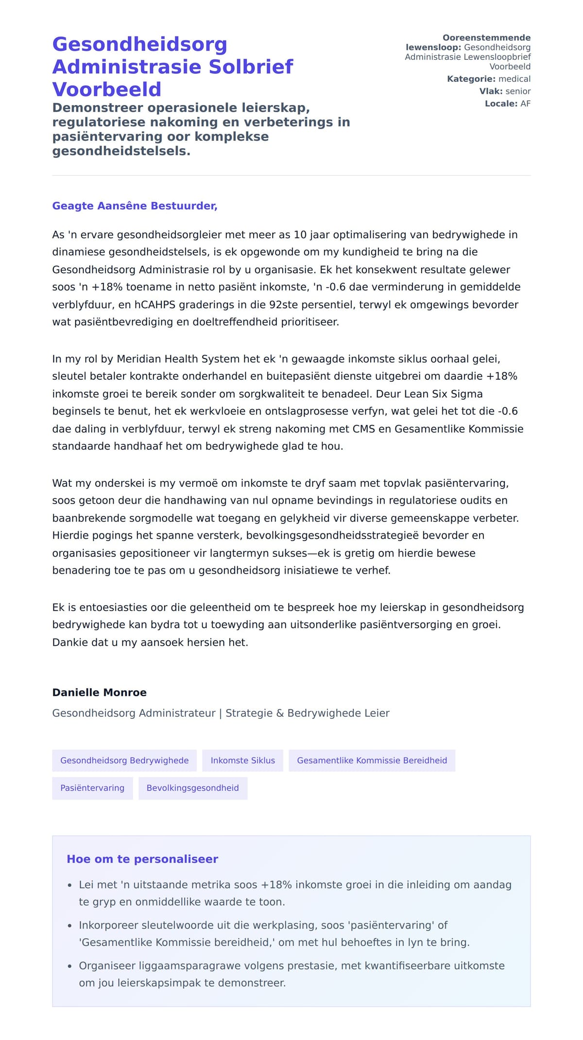 Solbrief-voorskou vir Gesondheidsorg Administrasie Solbrief Voorbeeld