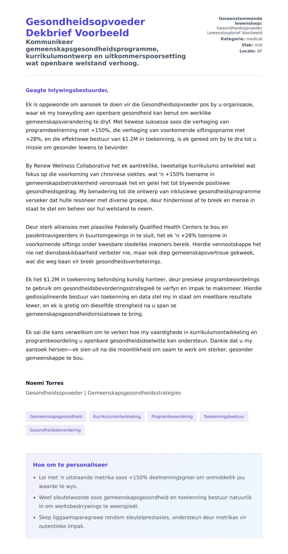 Solbrief-voorskou vir Gesondheidsopvoeder Dekbrief Voorbeeld