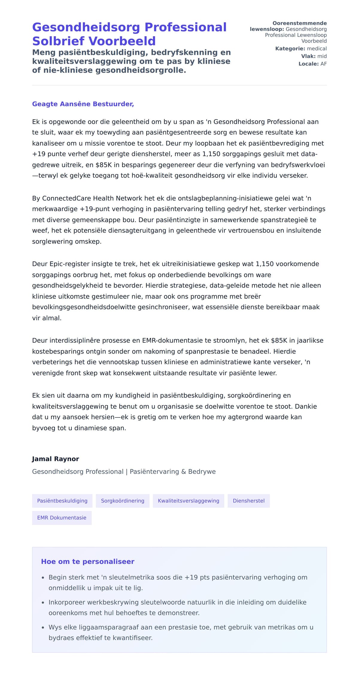 Solbrief-voorskou vir Gesondheidsorg Professional Solbrief Voorbeeld