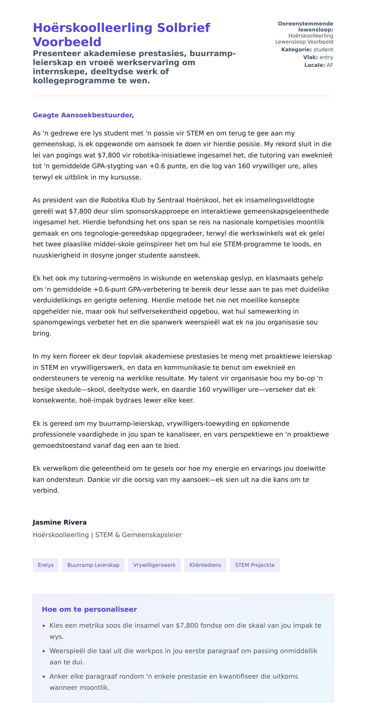 Solbrief-voorskou vir Hoërskoolleerling Solbrief Voorbeeld