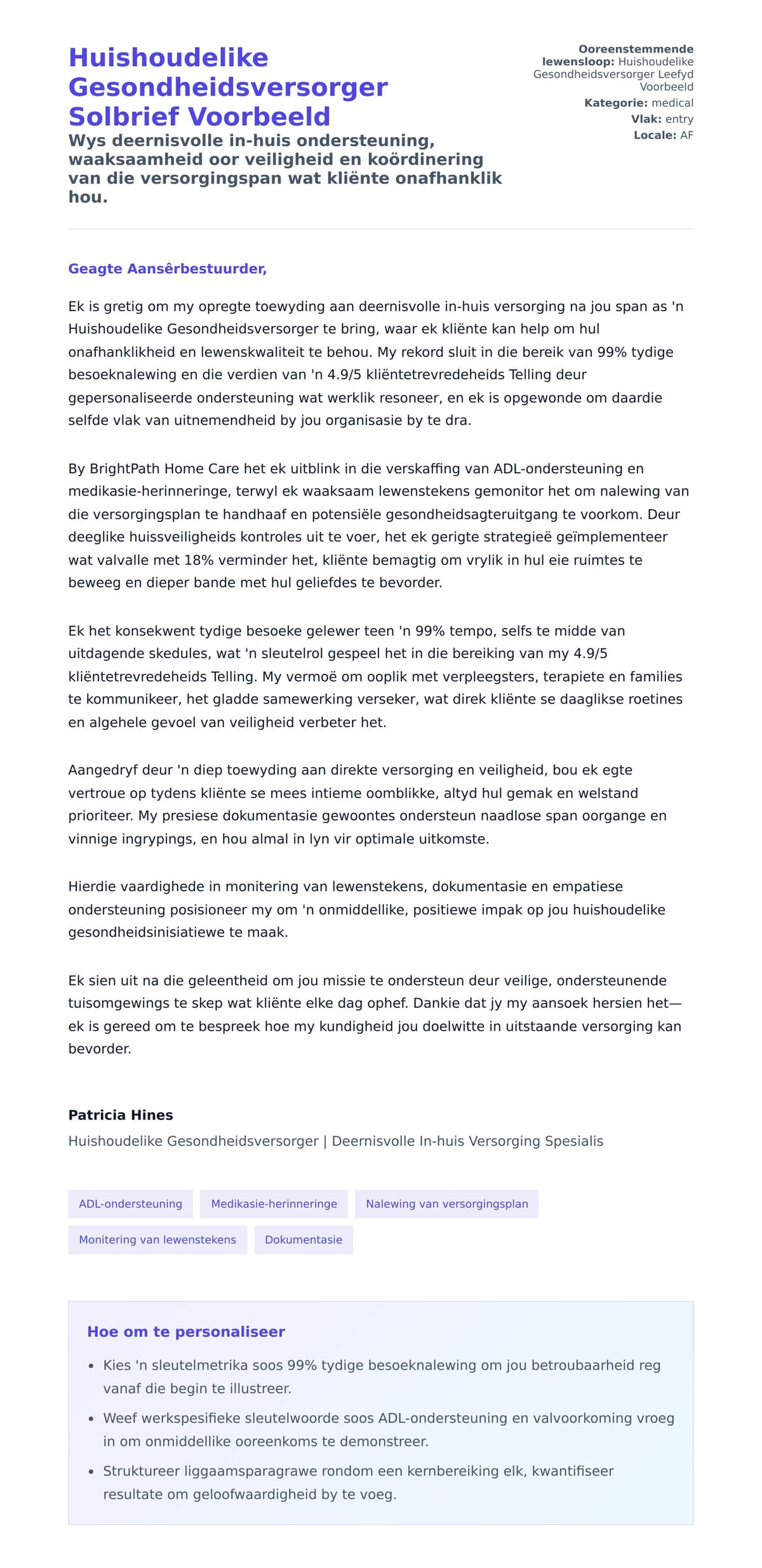 Solbrief-voorskou vir Huishoudelike Gesondheidsversorger Solbrief Voorbeeld